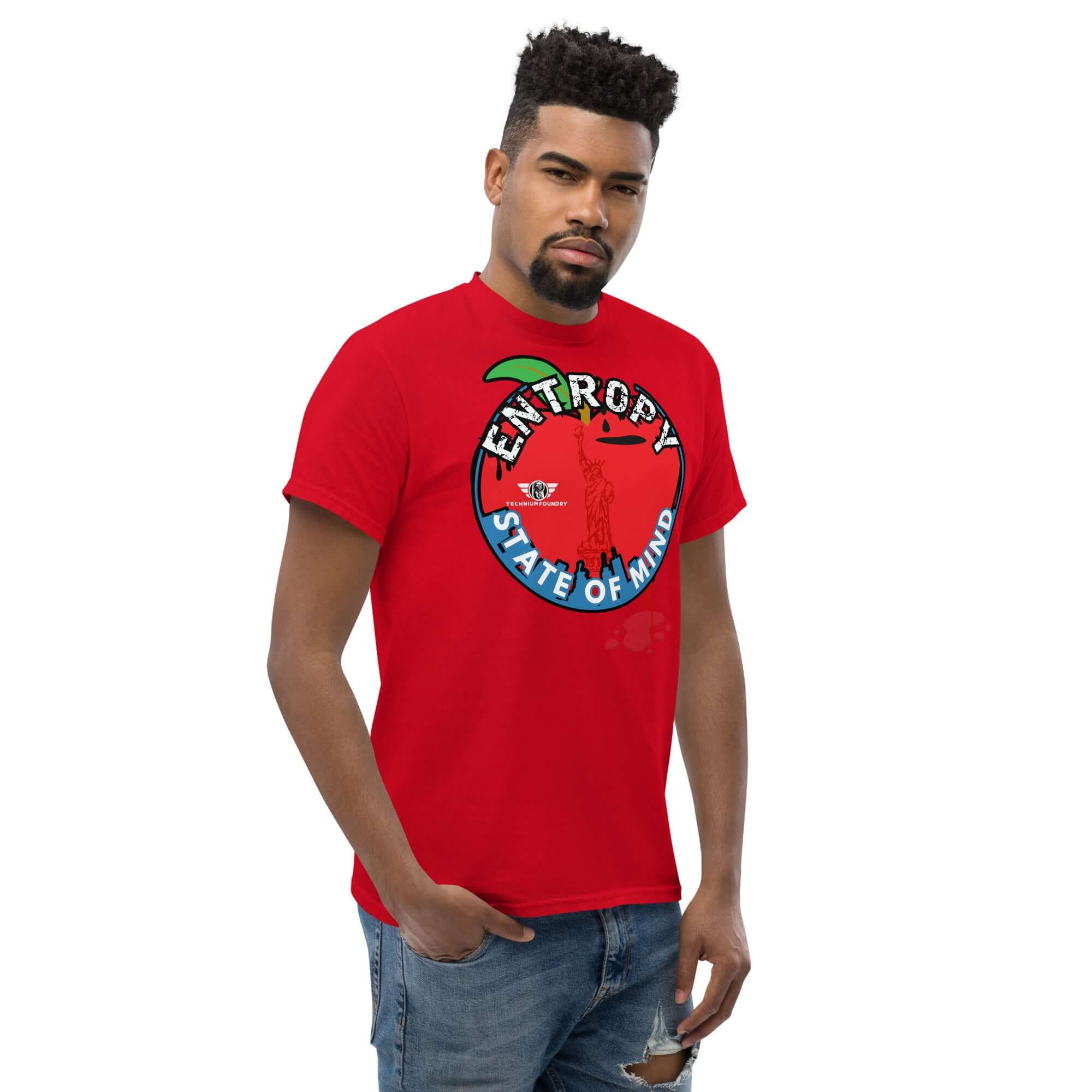 Man wearing red 'Entropy State of Mind' NYC thermodynamics t-shirt with Lady Liberty design, showcasing Big Apple physics humor.