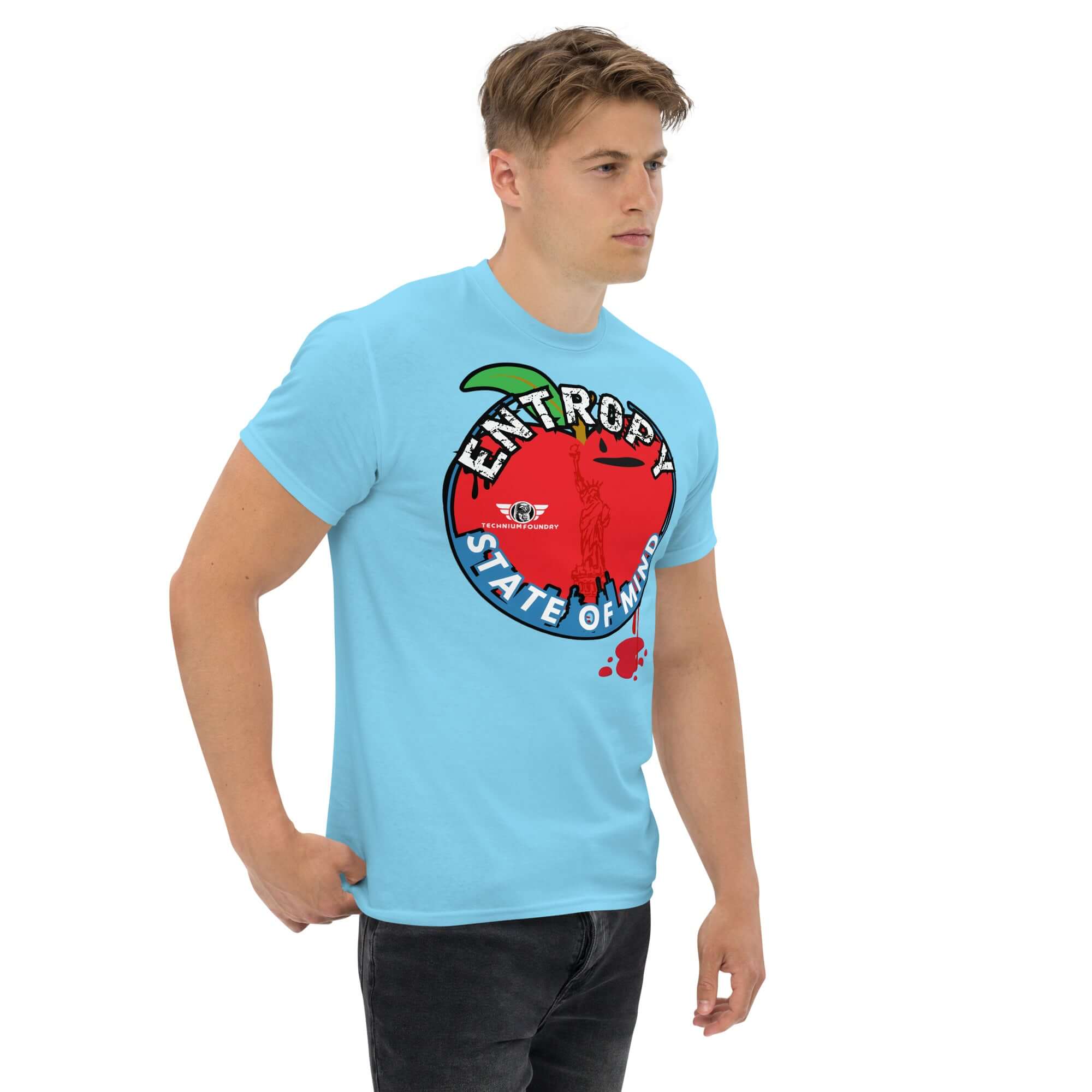 Model wearing 'Entropy State of Mind' NYC Thermodynamics T-shirt; Lady Liberty design, humorous physics theme, blue color.