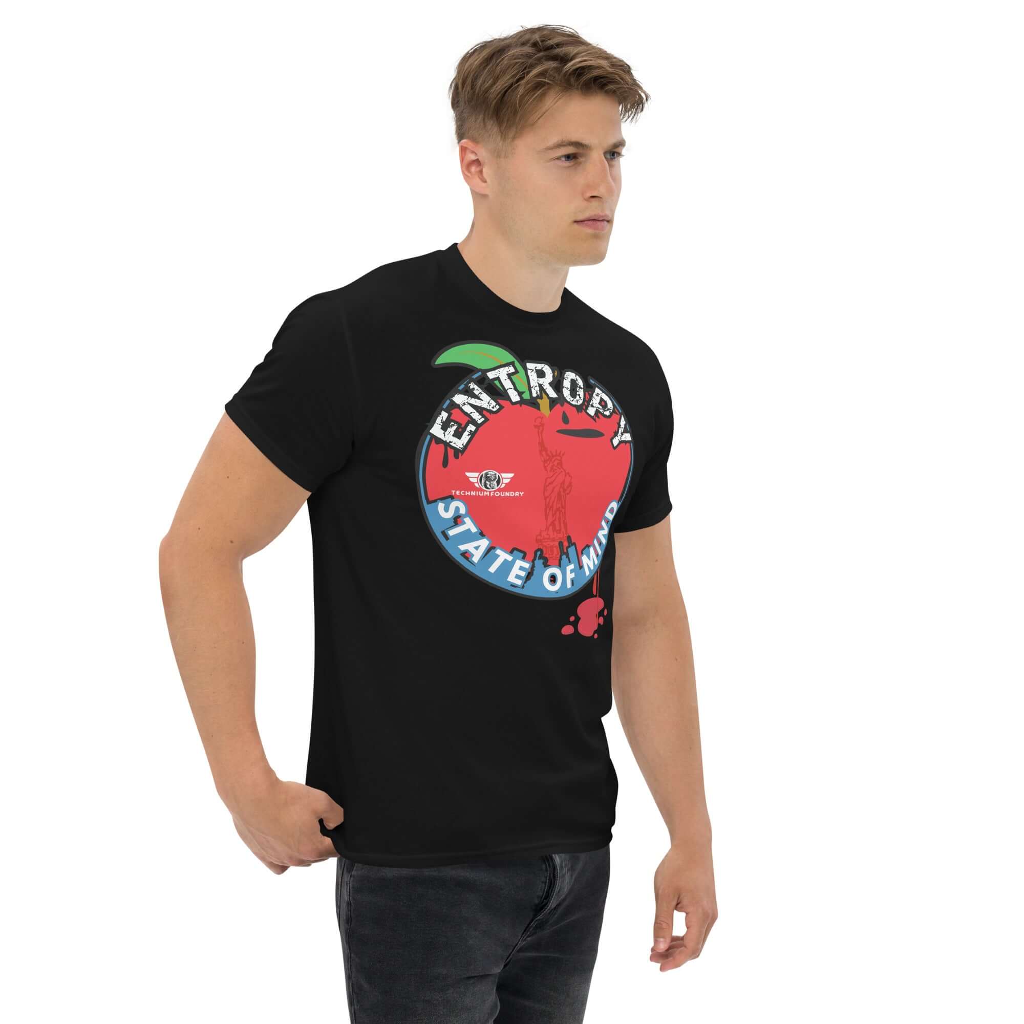 Man wearing 'Entropy State of Mind' NYC Thermodynamics T-shirt featuring Lady Liberty and chaos theory design. Physics humor apparel.