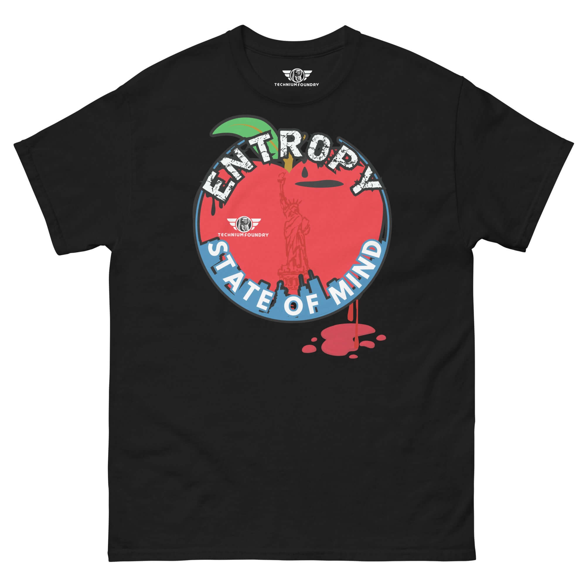 Black T-shirt with 'Entropy State of Mind' design, featuring Lady Liberty amidst NYC-themed thermodynamic chaos.