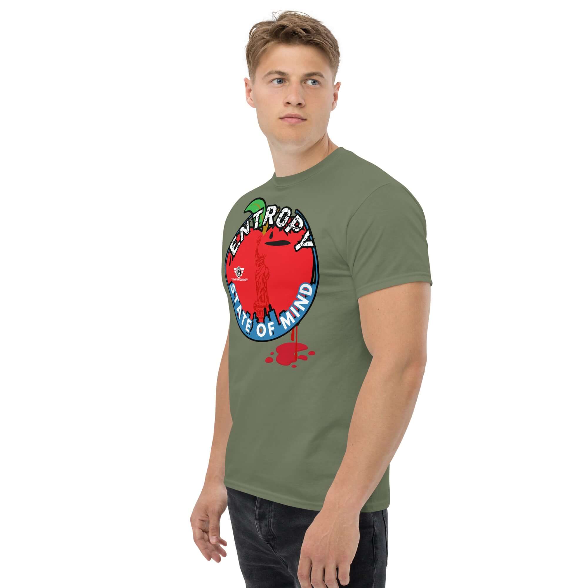 Model wearing Entropy State of Mind NYC Thermodynamics T-Shirt, featuring Lady Liberty in chaos, humorous physics design.