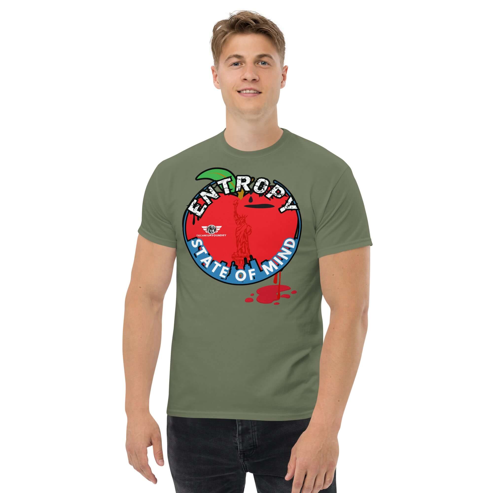 Man wearing green t-shirt with 'Entropy State of Mind' NYC thermodynamics design, featuring Lady Liberty and chaos theory imagery.