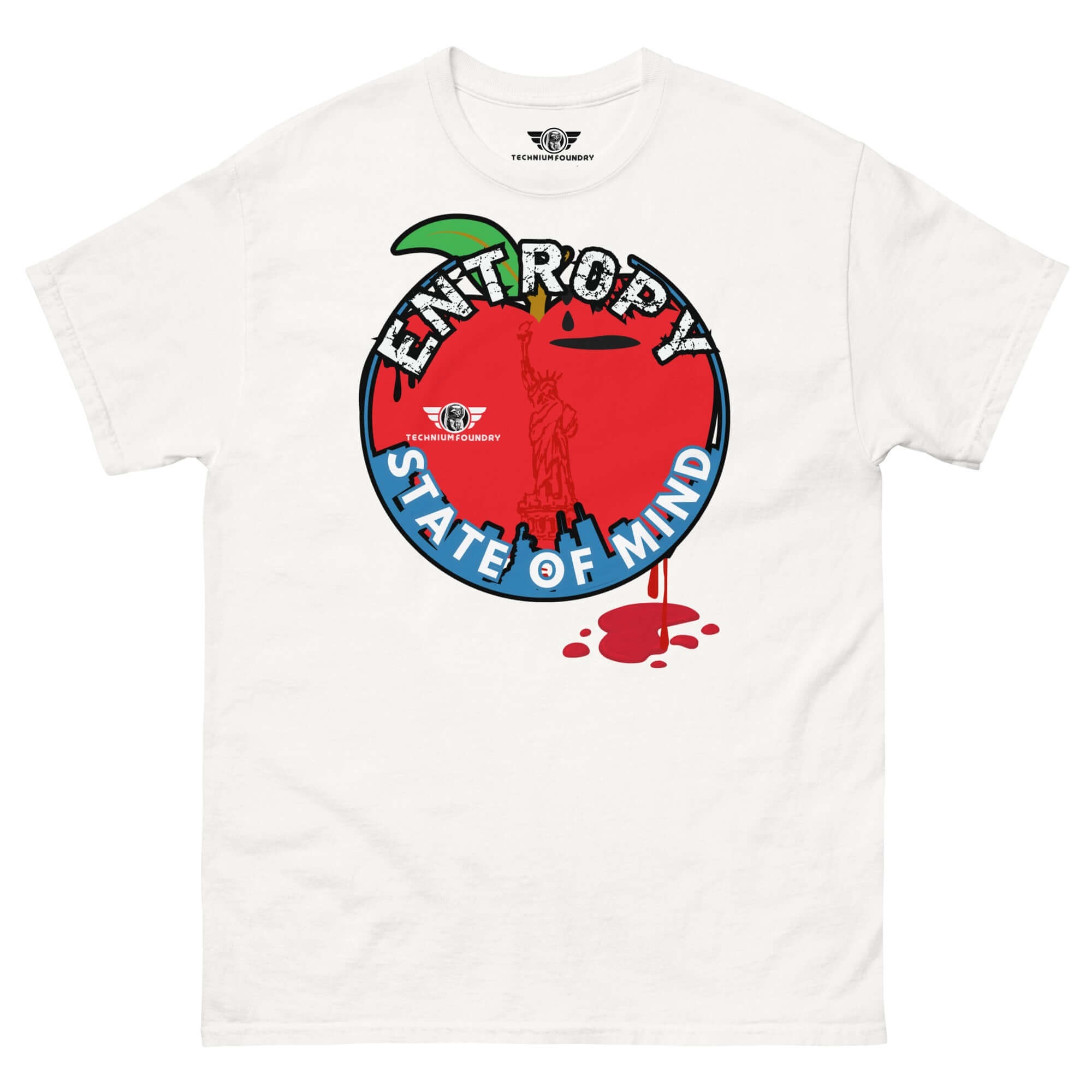 Entropy State of Mind T-Shirt featuring Lady Liberty in NYC thermodynamics theme with humor and chaos theory design.
