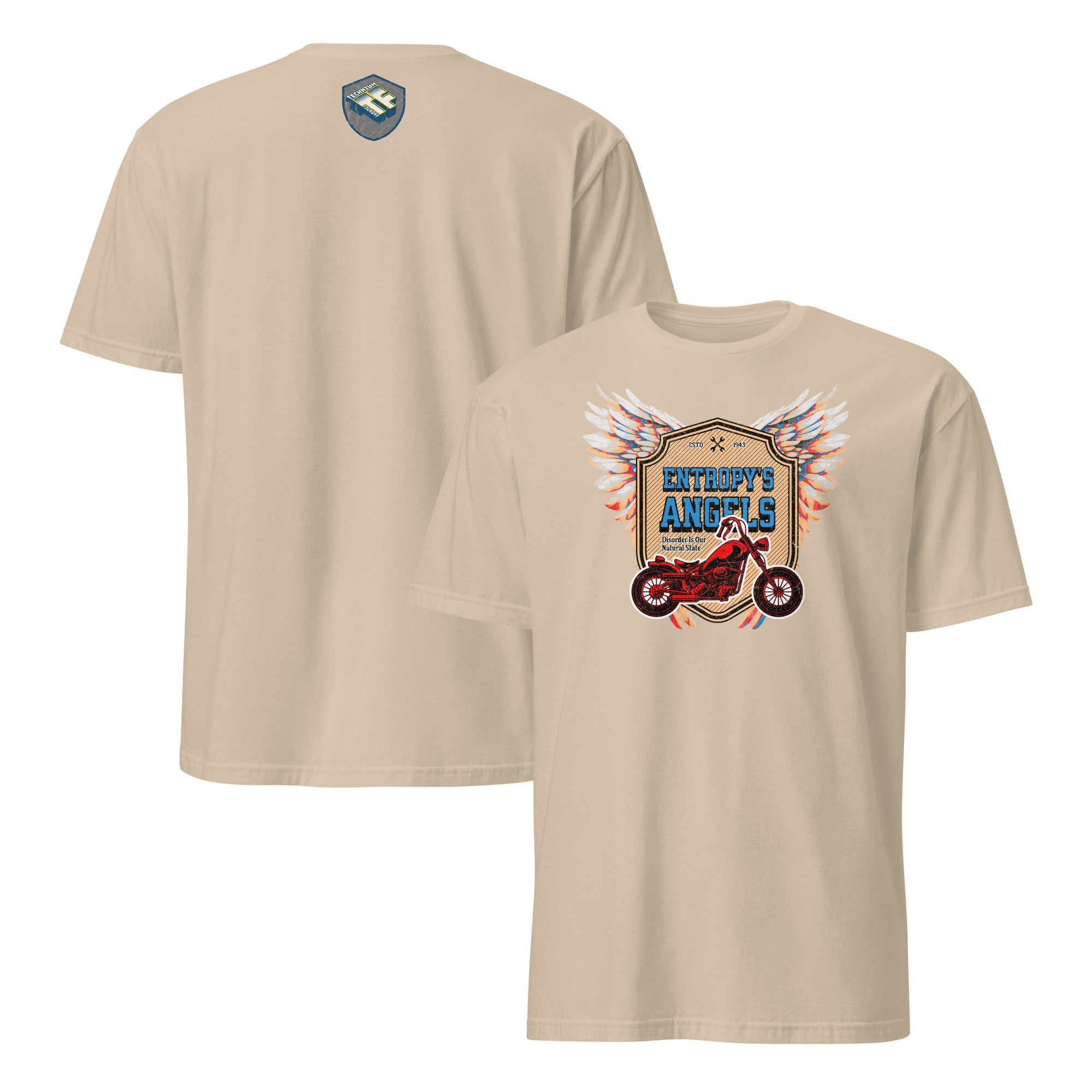 Entropy's Angels motorcycle club t-shirt featuring a red bike with wings, symbolizing thermodynamic disintegration.