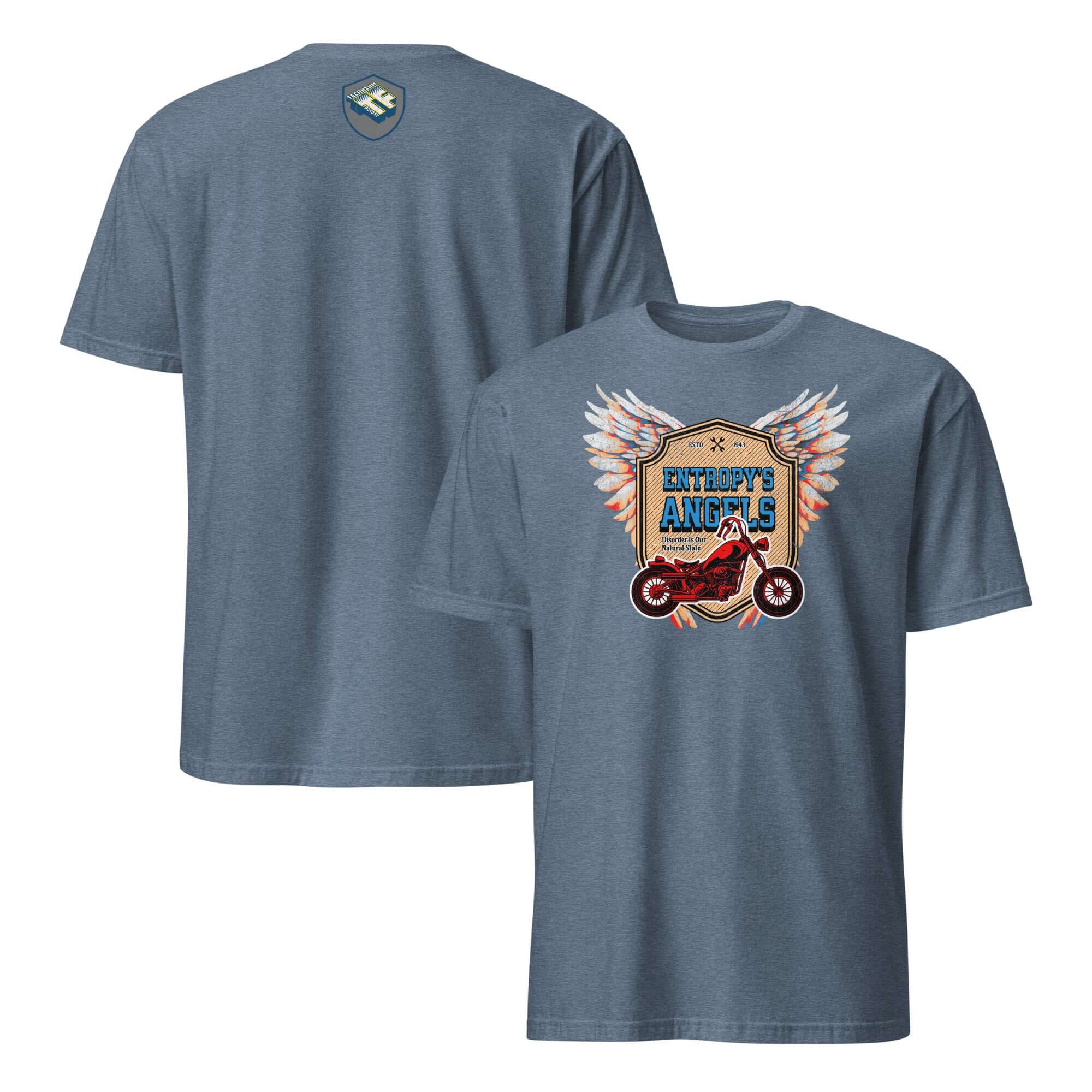 Entropy's Angels motorcycle club t-shirt with red bike and colorful wings design, thermodynamic biker apparel.