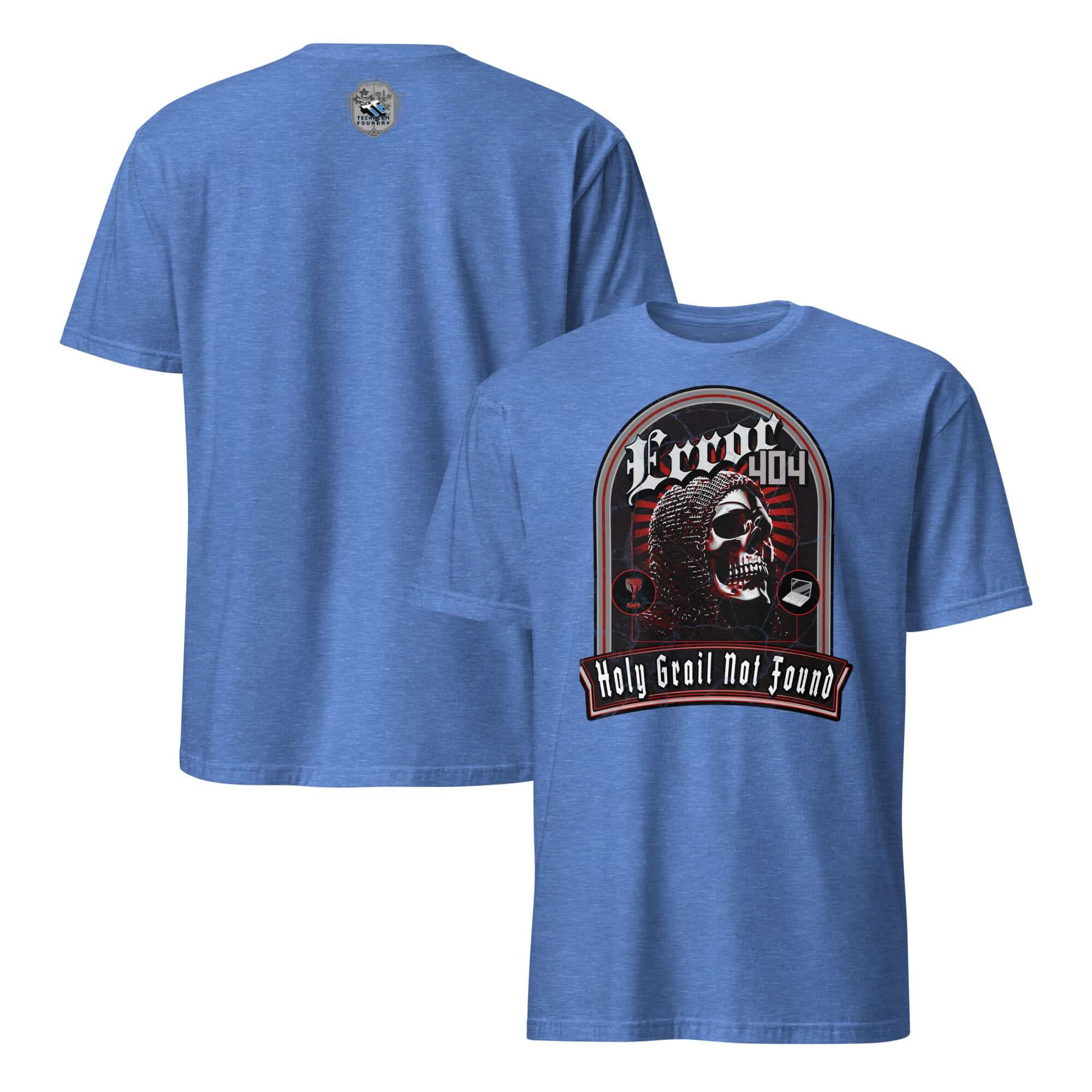 Blue t-shirt with "Error 404: Holy Grail Not Found" design featuring a skeleton in chainmail, blending medieval humor with web error.