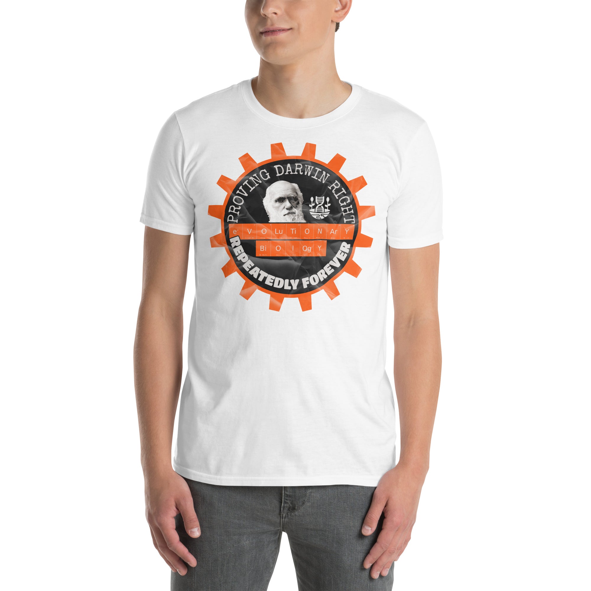 Man wearing "Proving Darwin Right" evolutionary biology T-shirt with scientific theme and Victorian design.