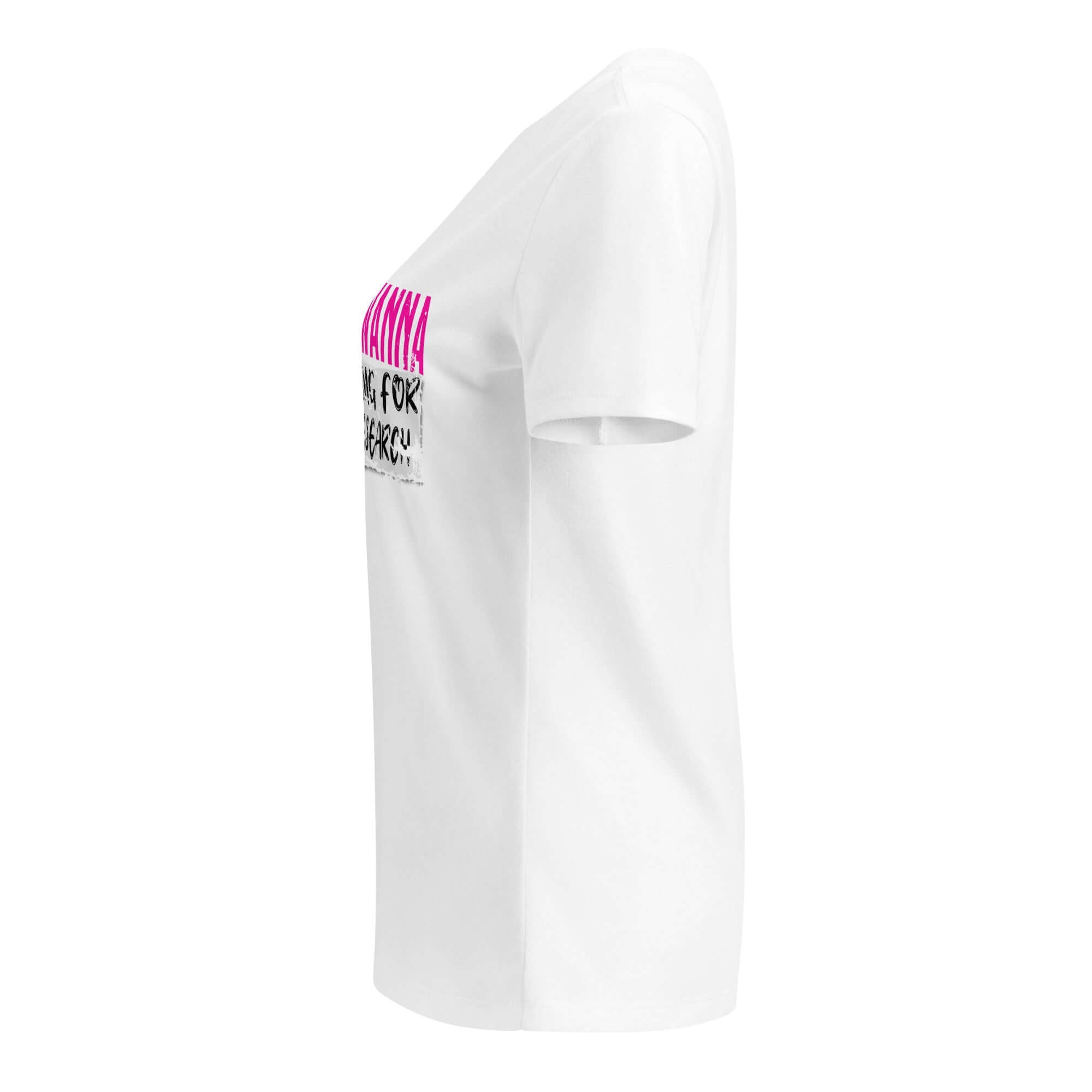 Side view of white 'Girls Just Wanna Do Science' T-shirt with pink and black text, celebrating pop culture and science enthusiasm.