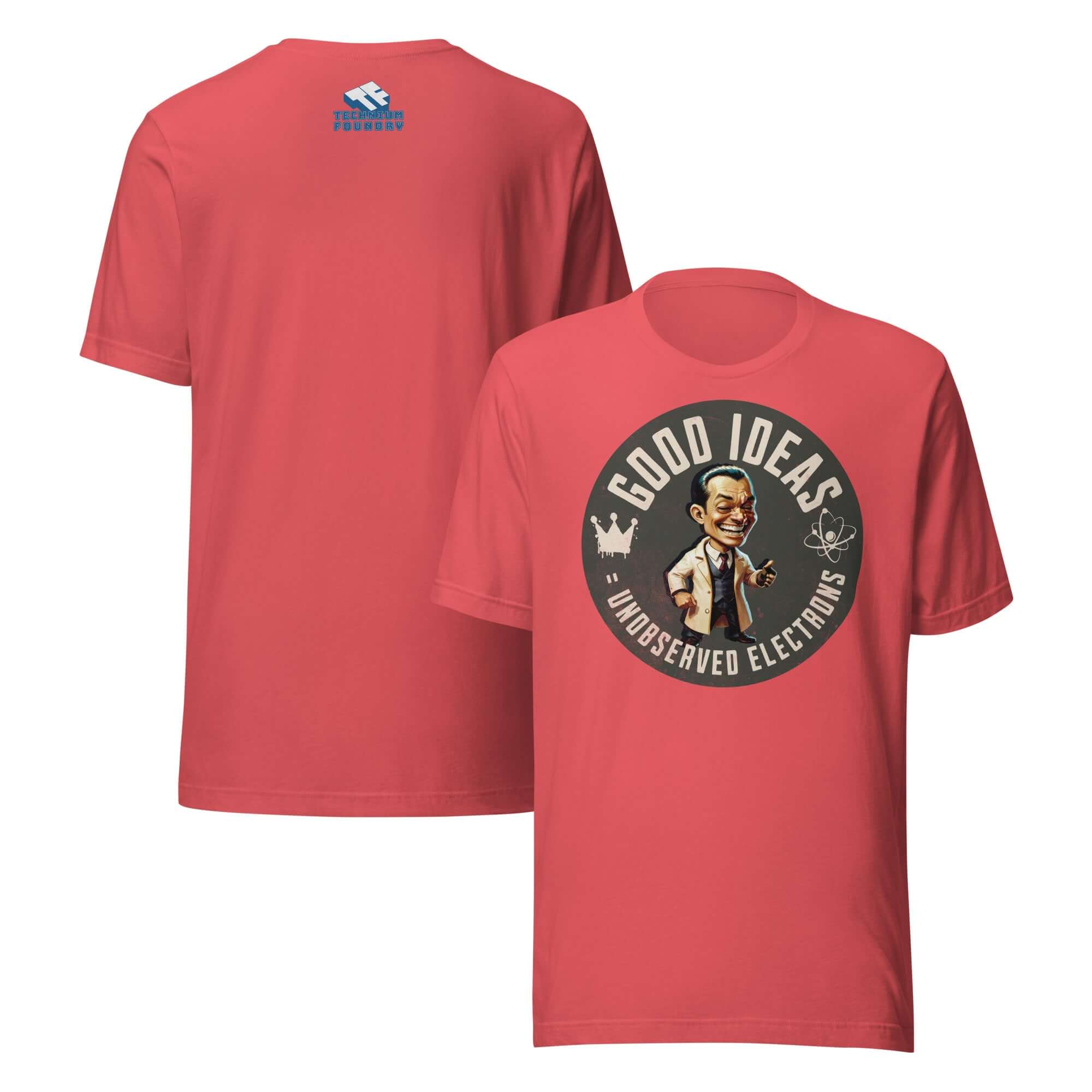 Red Good Ideas Unobserved Electrons T-shirt with vintage gentleman graphic, celebrating quantum physics humor and creativity.