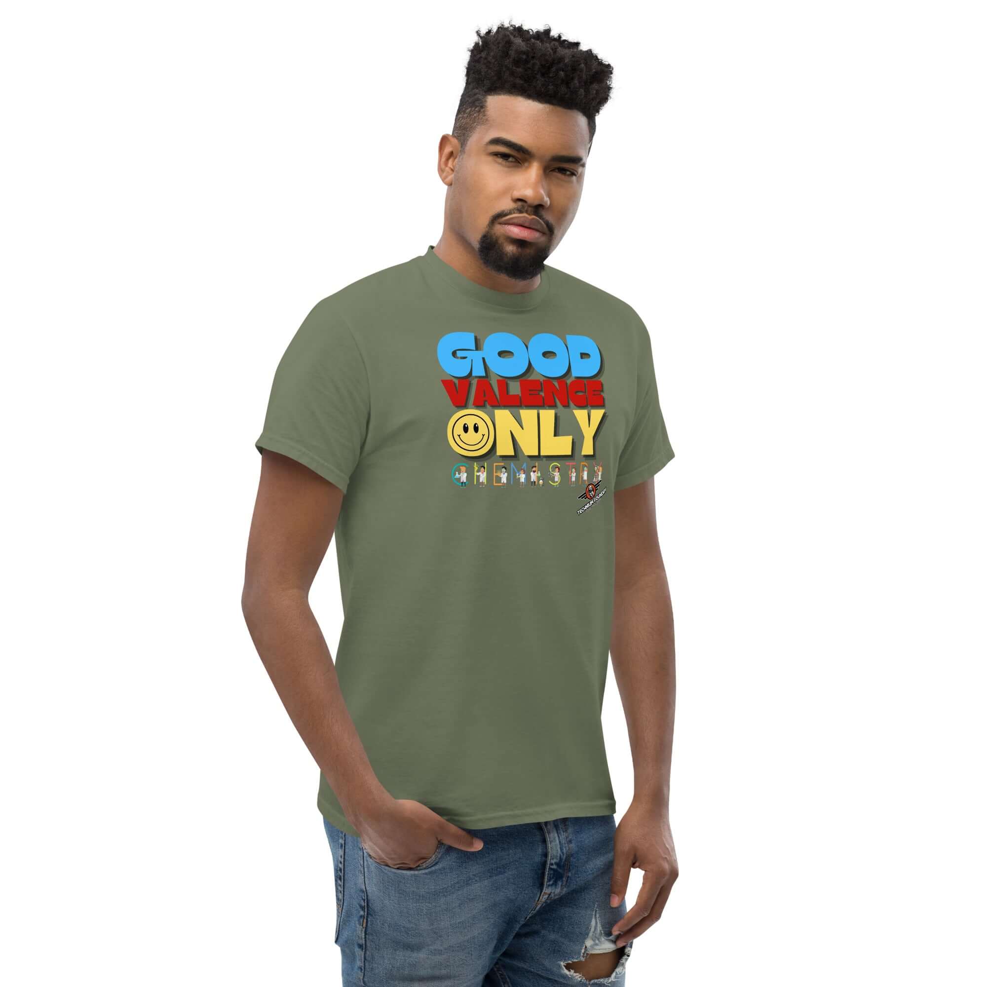 Man wearing "Good Valence Only" chemistry t-shirt with retro typography and tiny scientists, showcasing positivity and scientific humor.