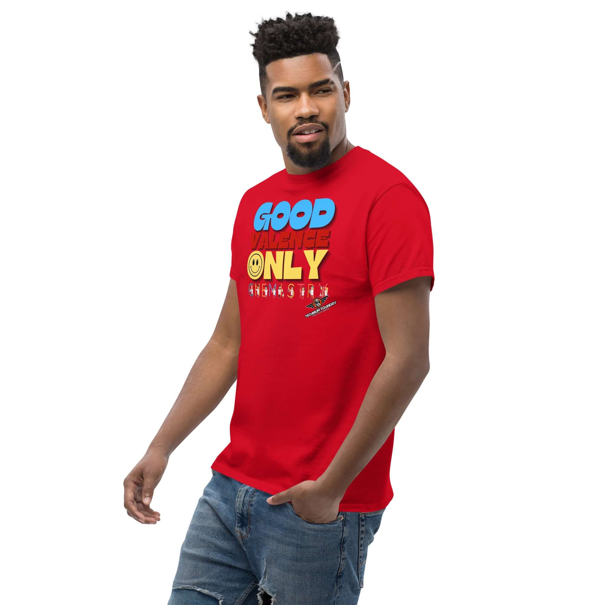 Red "Good Valence Only" Chemistry T-Shirt featuring retro typography and lab scientist characters for a fun, scientific vibe.