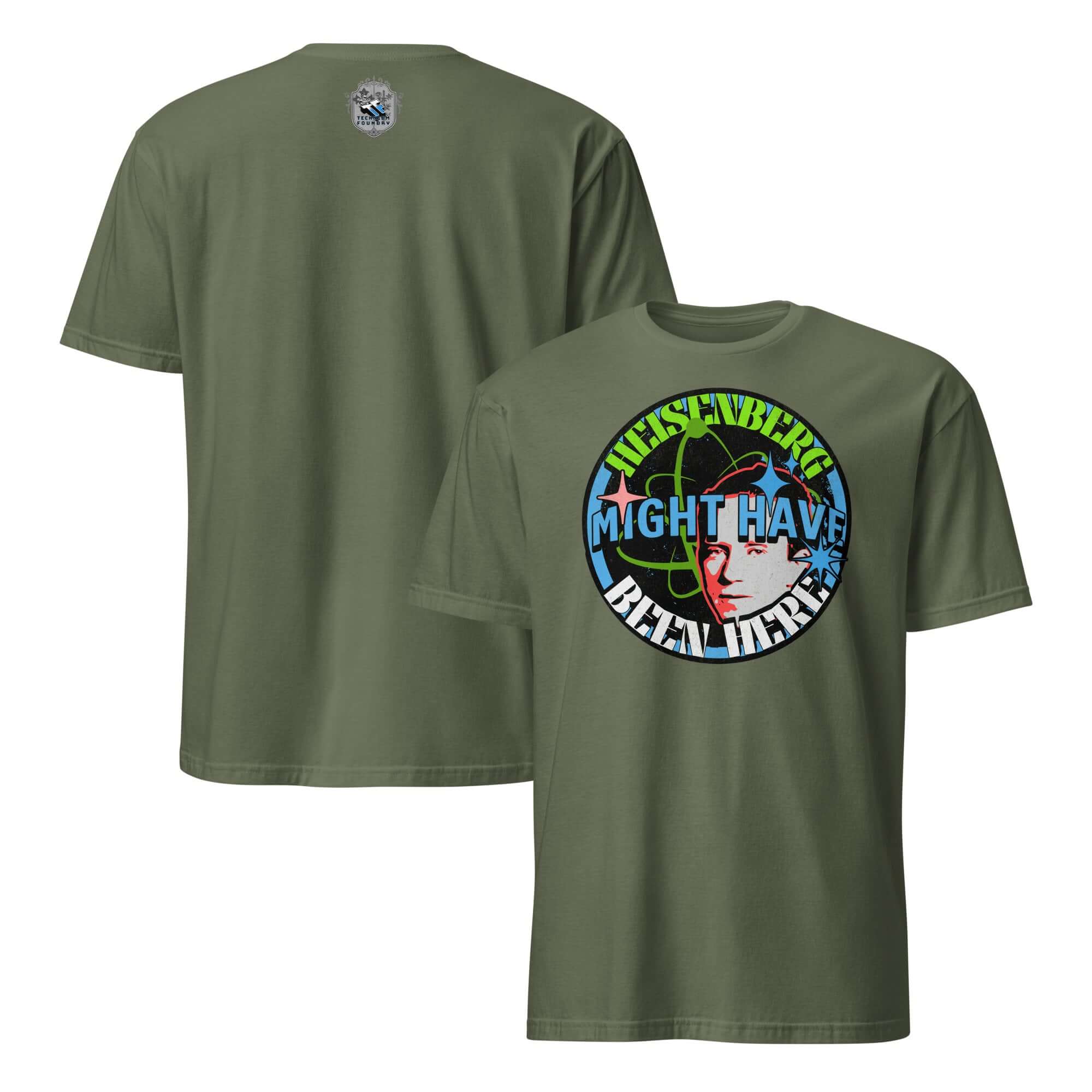 Olive green t-shirt featuring "Heisenberg Might Have Been Here" with atomic symbols and starbursts, inspired by quantum physics humor.