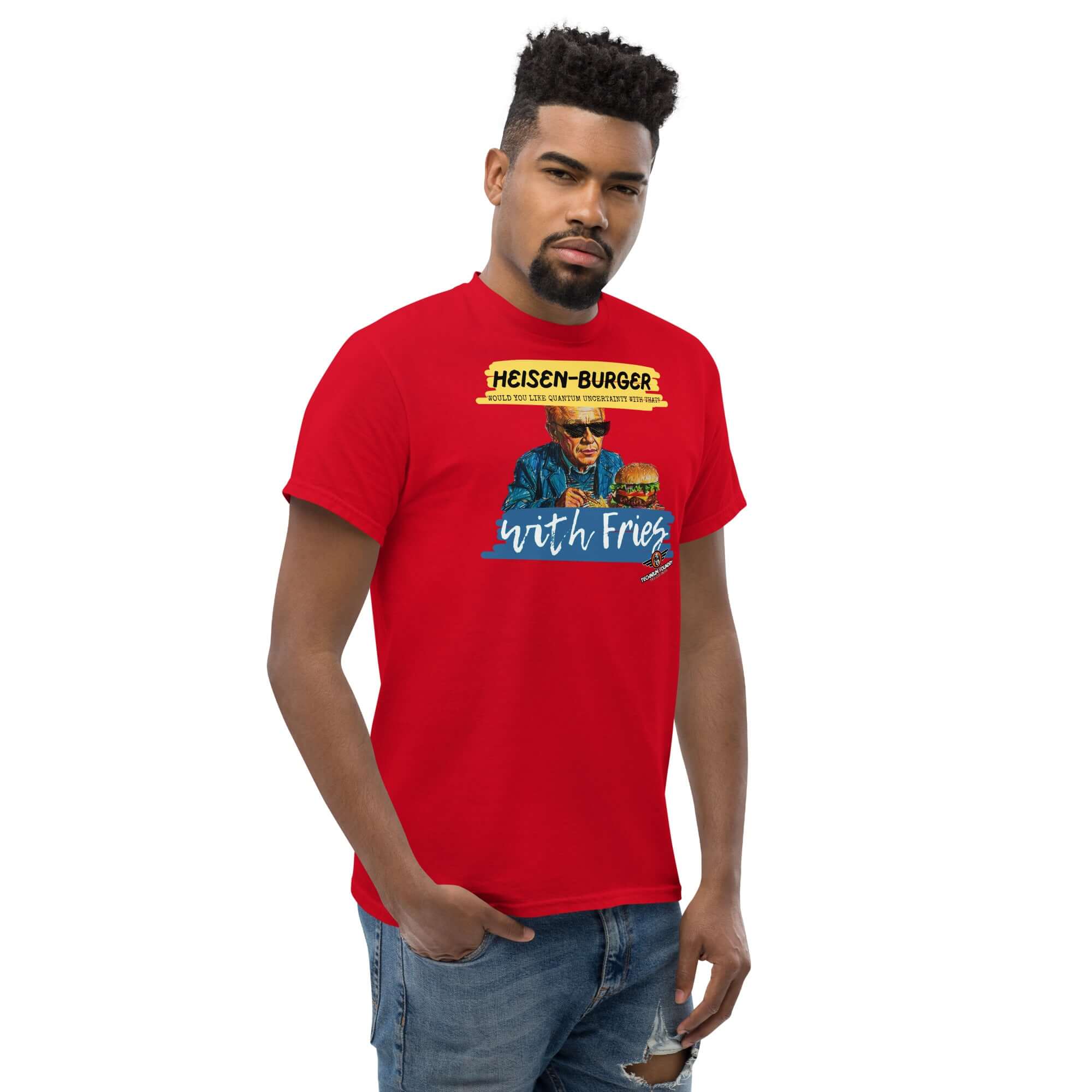 Heisen-burger with Fries T-Shirt in red featuring Werner Heisenberg design, perfect for quantum mechanics fans.