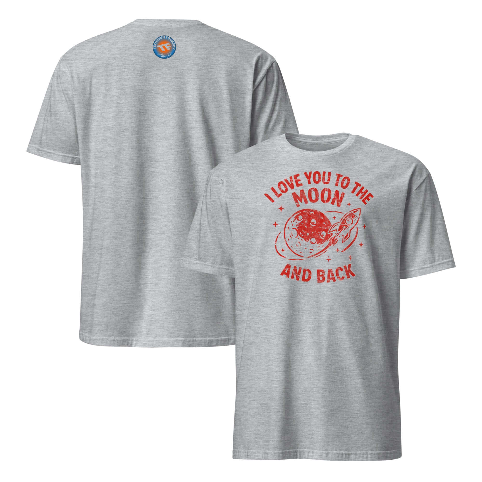 Grey t-shirt with 'I Love You to the Moon and Back' design featuring red text and a space theme on the front.