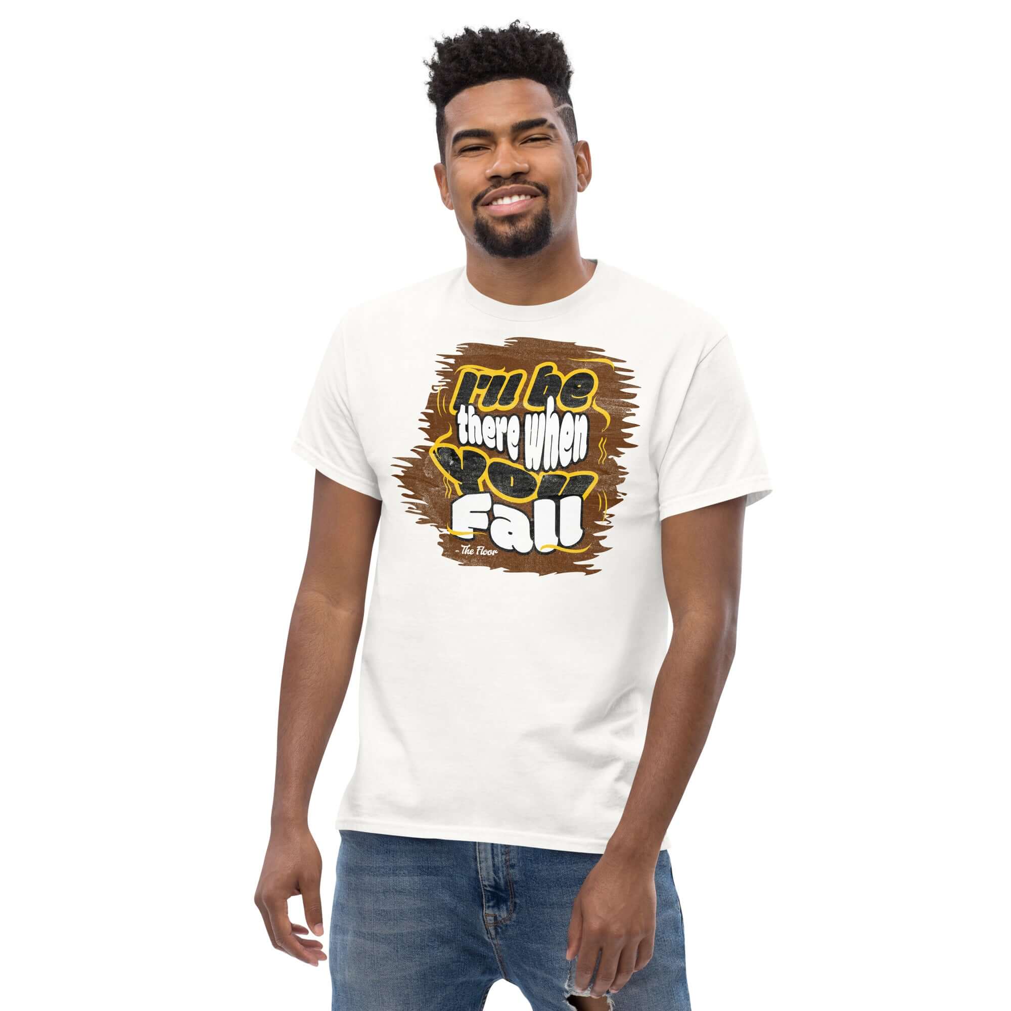 "I'll Be There When You Fall" t-shirt from Ironic Apparel, featuring a humorous floor quote for the reliable pessimist.