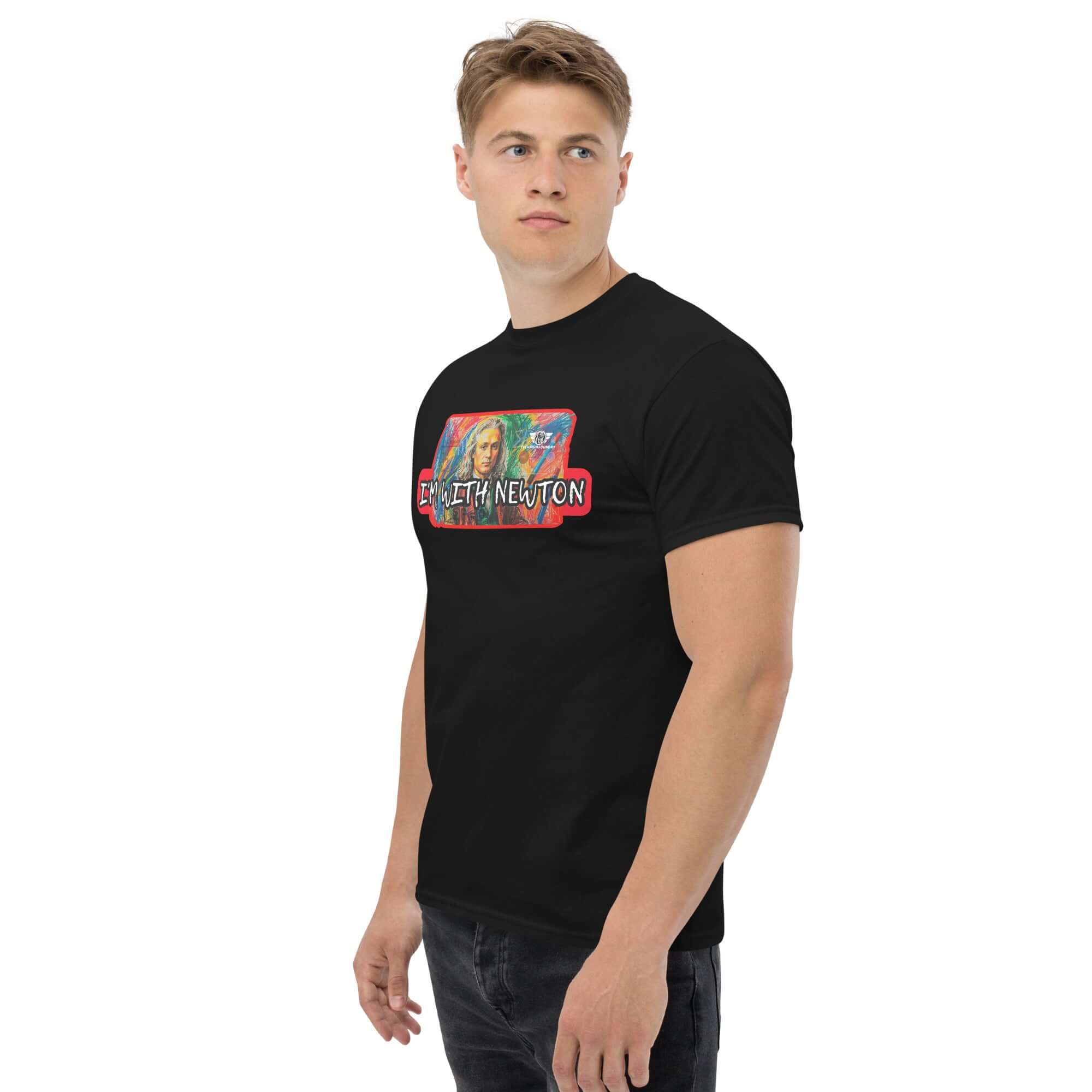 Model wearing 'I'm With Newton' colorful physics portrait t-shirt, featuring a vibrant design of Sir Isaac Newton in pop art style.