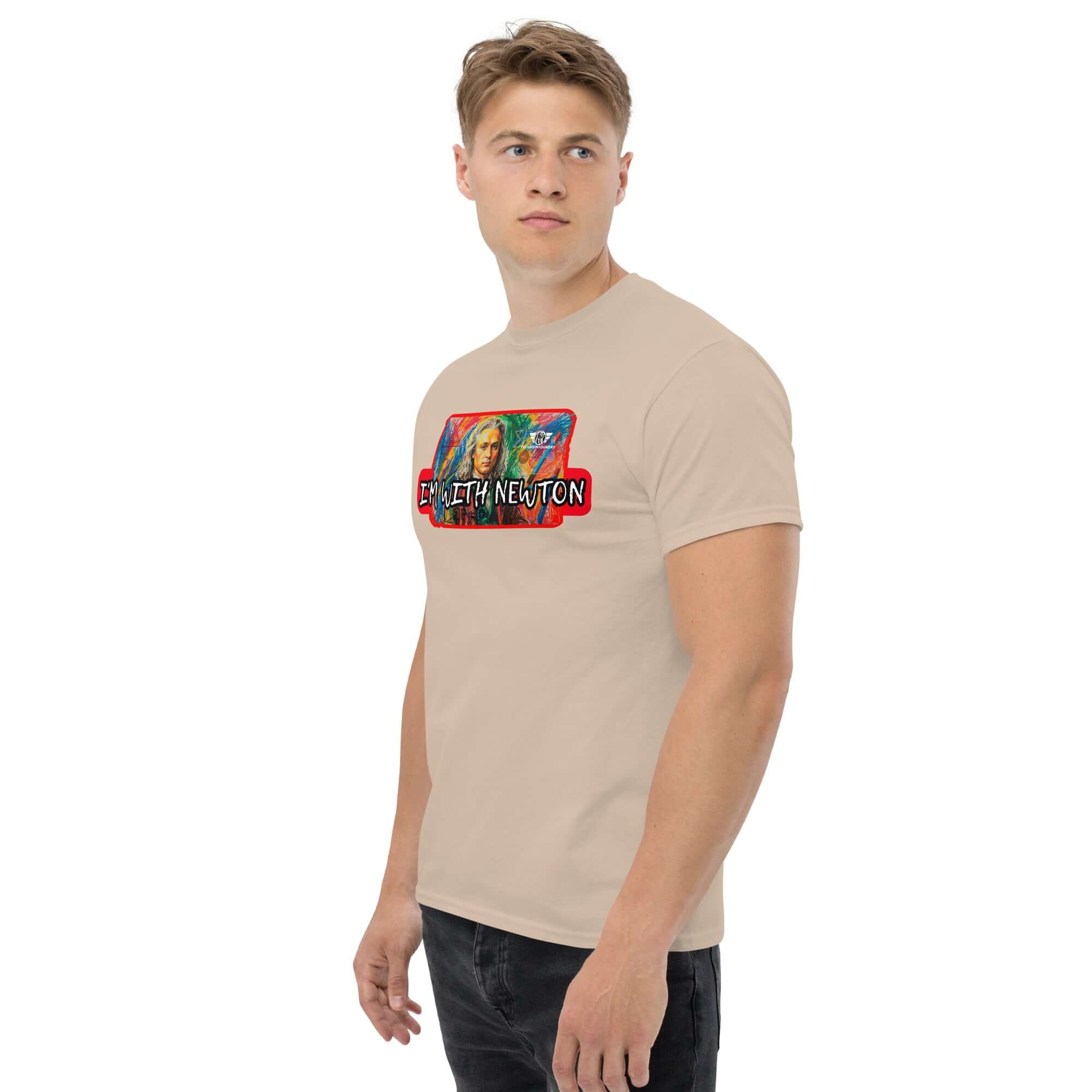 I'm With Newton T-shirt featuring colorful pop art portrait of Isaac Newton in classical mechanics theme, worn by a male model.