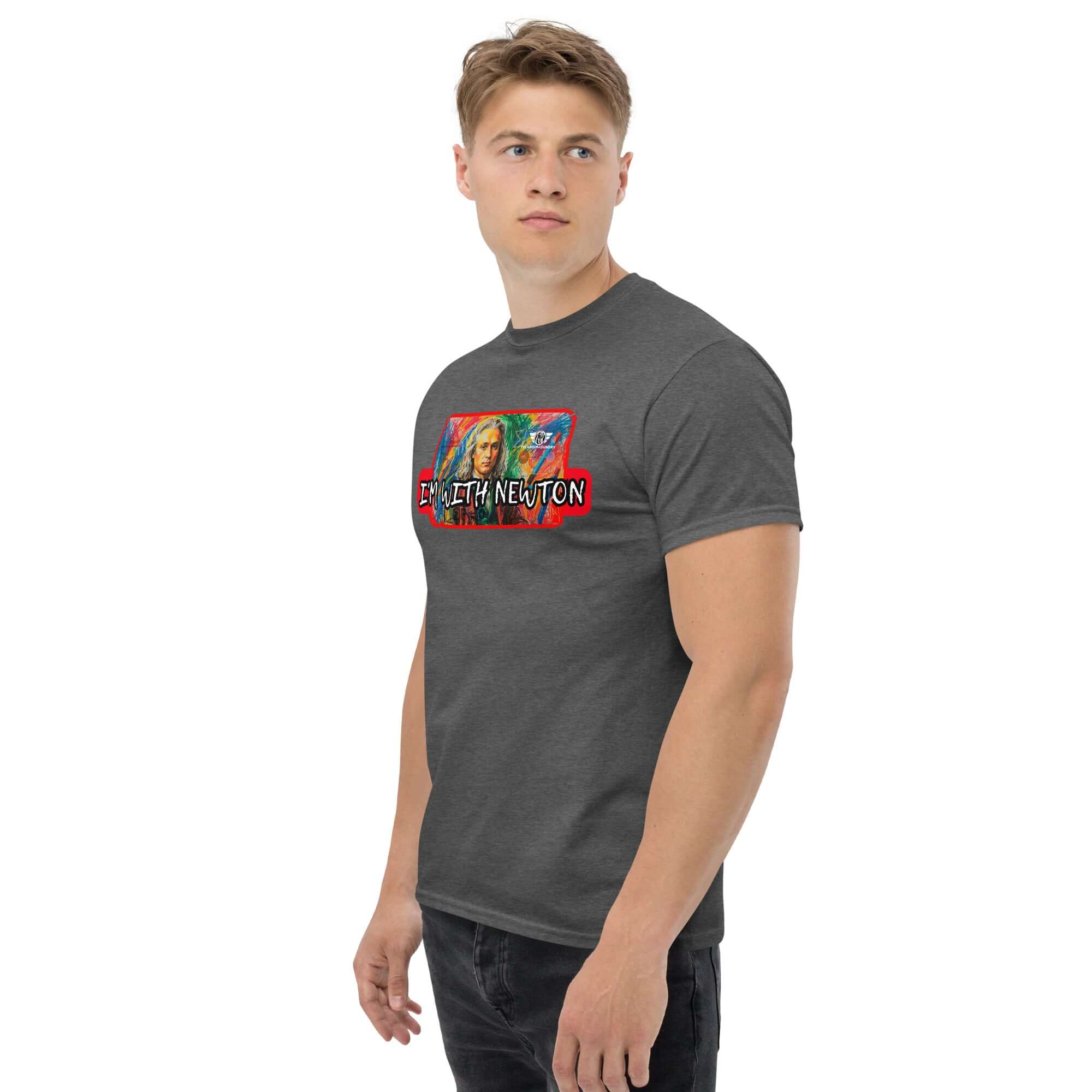 Man wearing 'I'm With Newton' colorful physics portrait t-shirt with pop art design of Sir Isaac Newton.