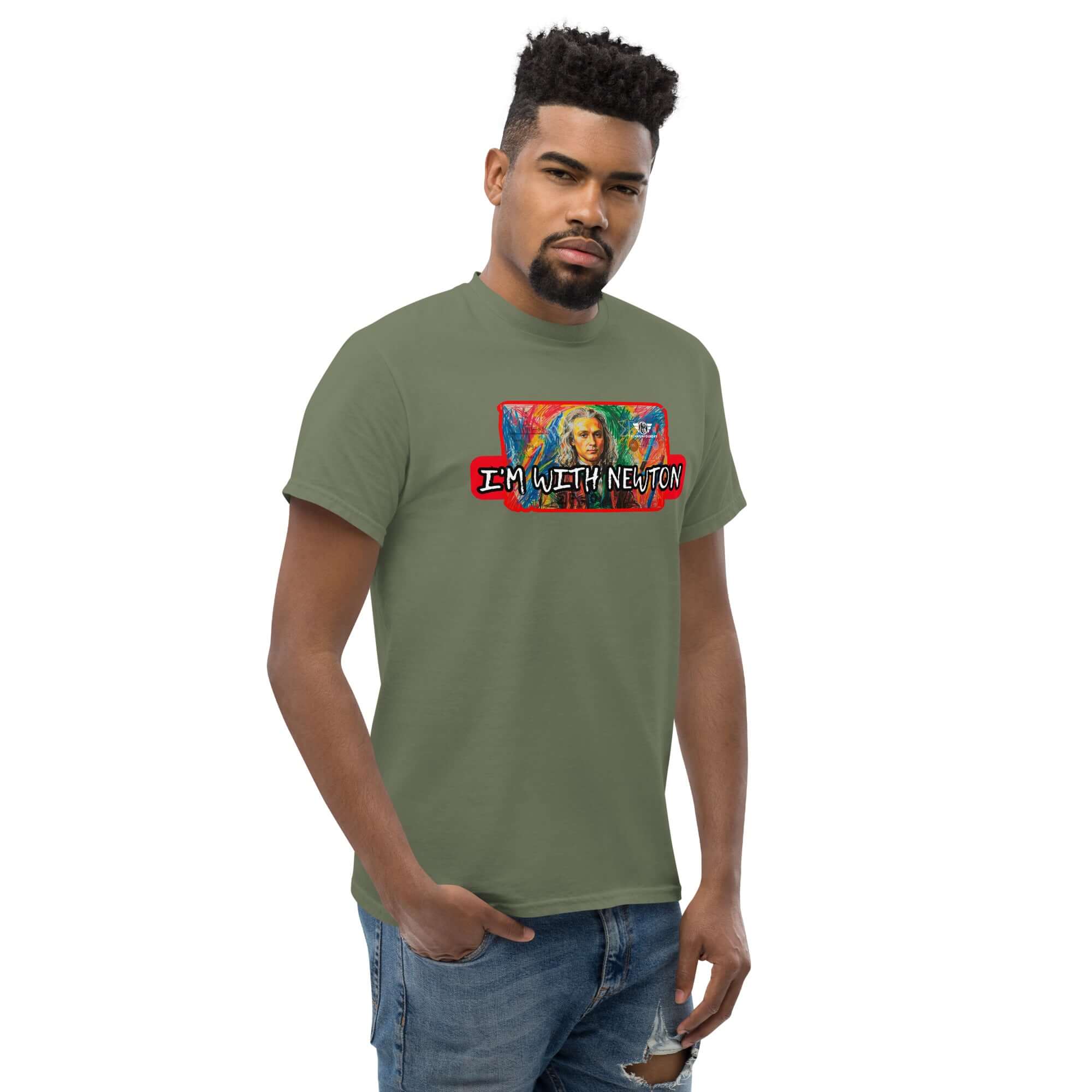 Man wearing 'I'm With Newton' colorful physics portrait t-shirt, featuring pop art design of Sir Isaac Newton in an olive background.