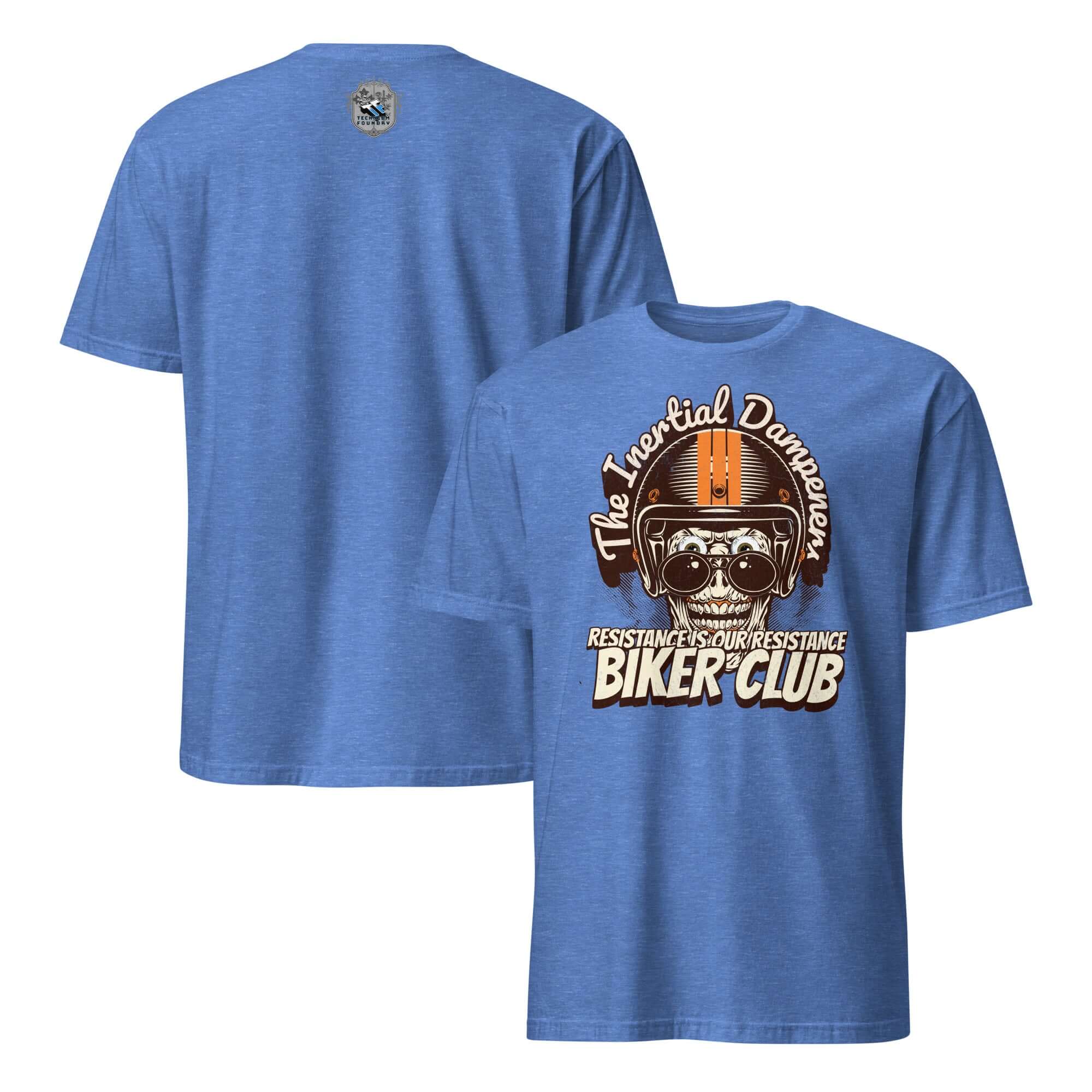 Blue "Inertial Dampeners Biker Club" T-shirt featuring humorous skull design and physics-themed motto on the back.