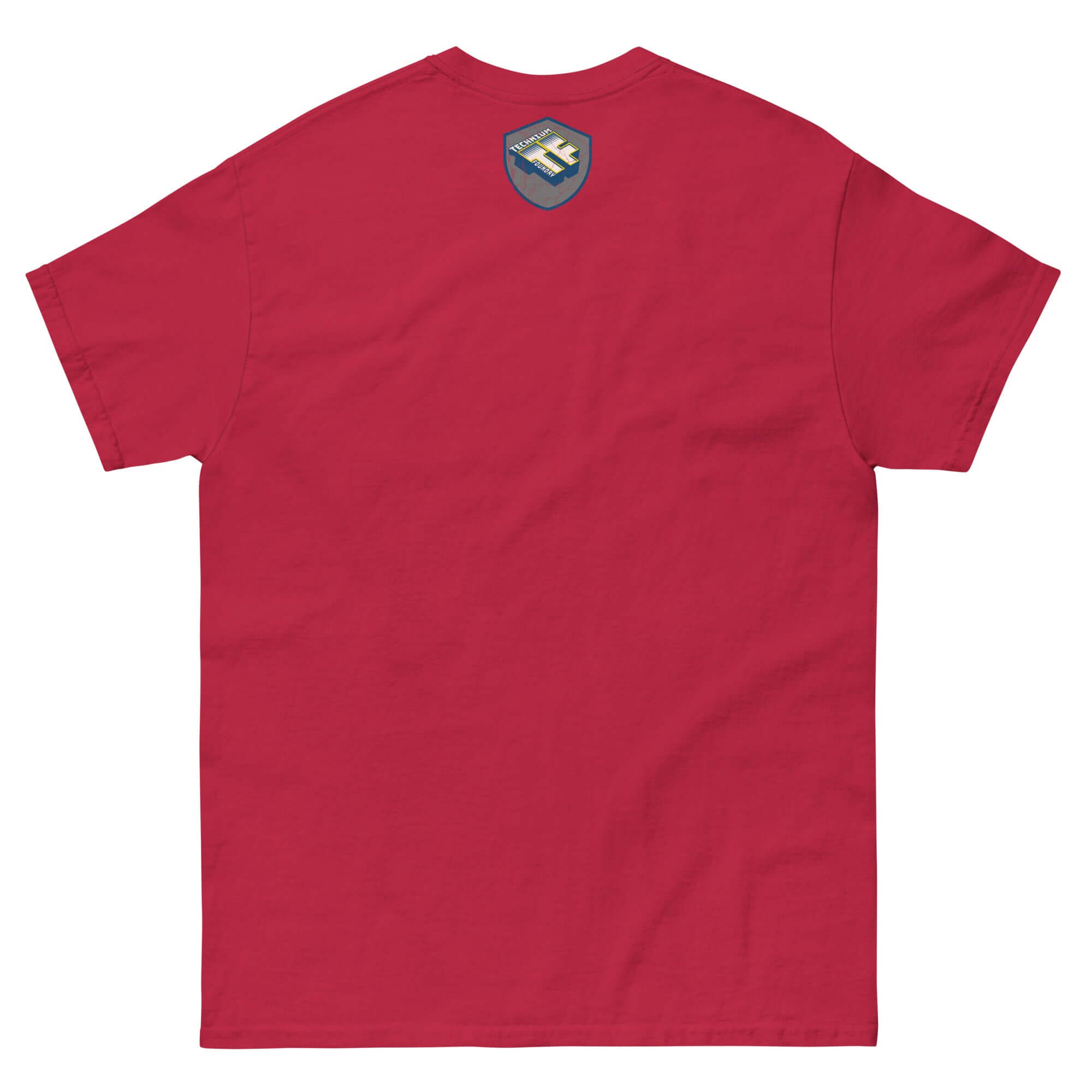Back view of red Introverted Time Travel T-Shirt with a small circular logo, blending humor and style for physics enthusiasts.
