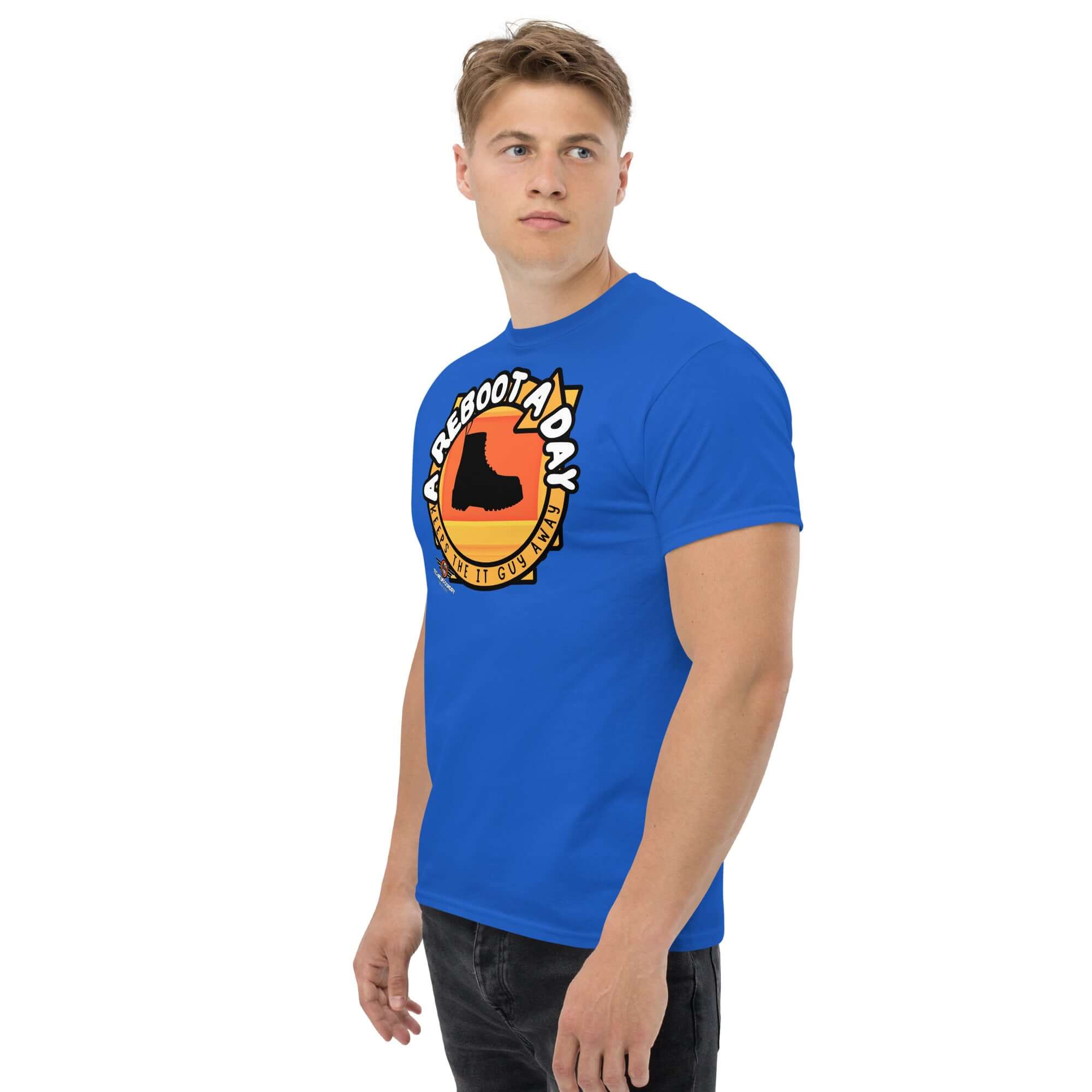 A Reboot A Day IT support humor t-shirt with boot design and sunset background, worn by model