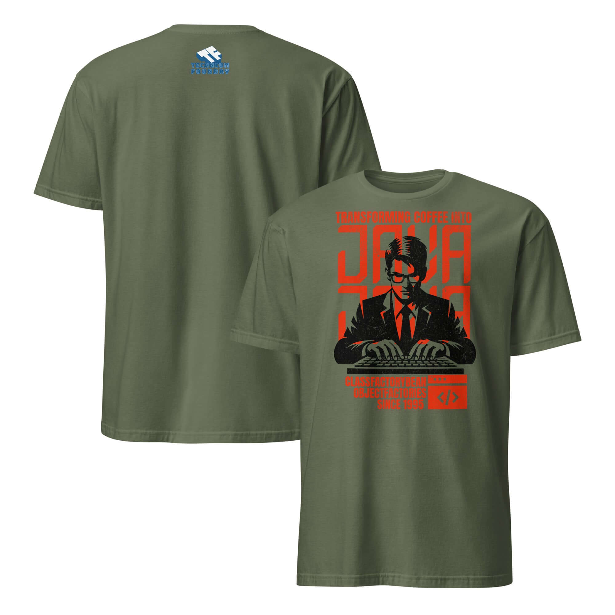 Java T-Shirt featuring coder design in red and black, with text 'Transforming Coffee into Code' on an olive-green background.
