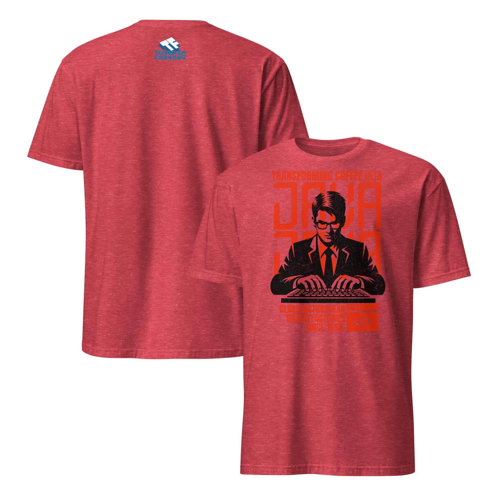 Red Java T-Shirt featuring propaganda-style design with a coder and the text "Transforming Coffee into Code."