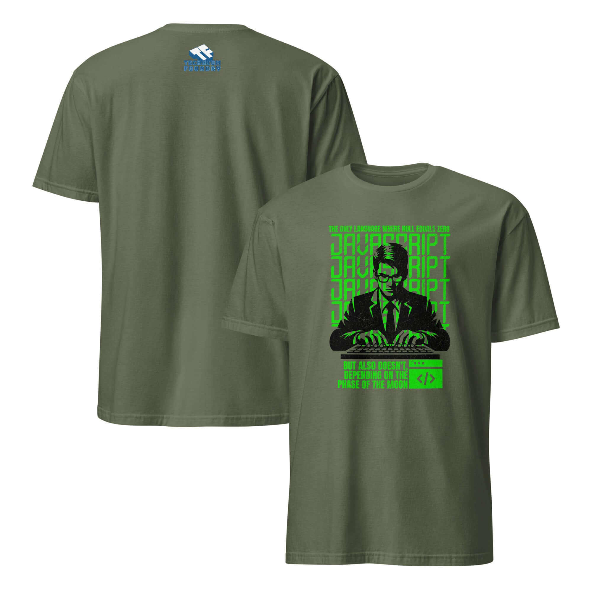 JavaScript Moon Phase T-Shirt in neon green on charcoal, featuring programming theme and quirky equality humor by Null Equals Zero.