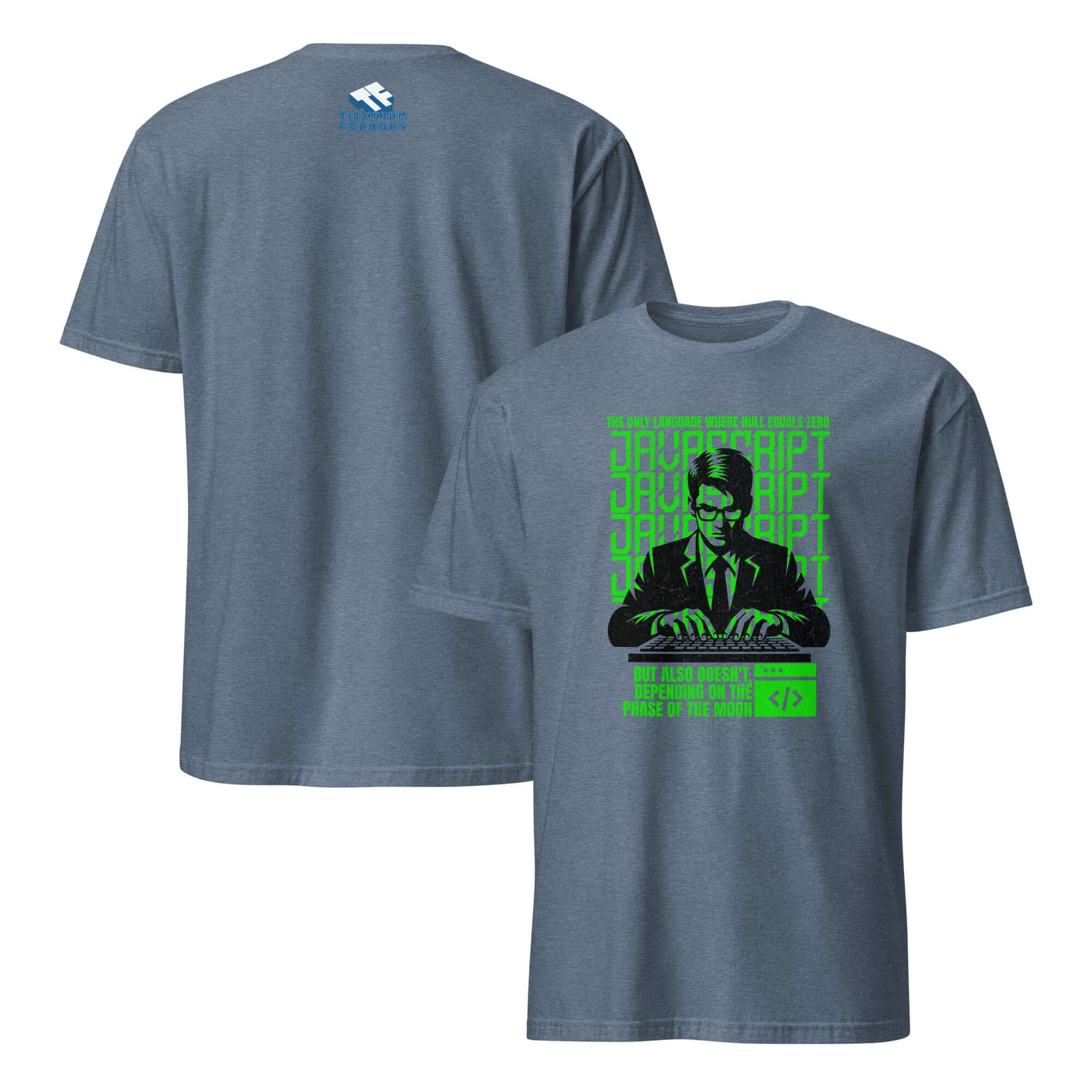 JavaScript Moon Phase T-Shirt featuring neon green design with programmer and coding declarations on charcoal background.