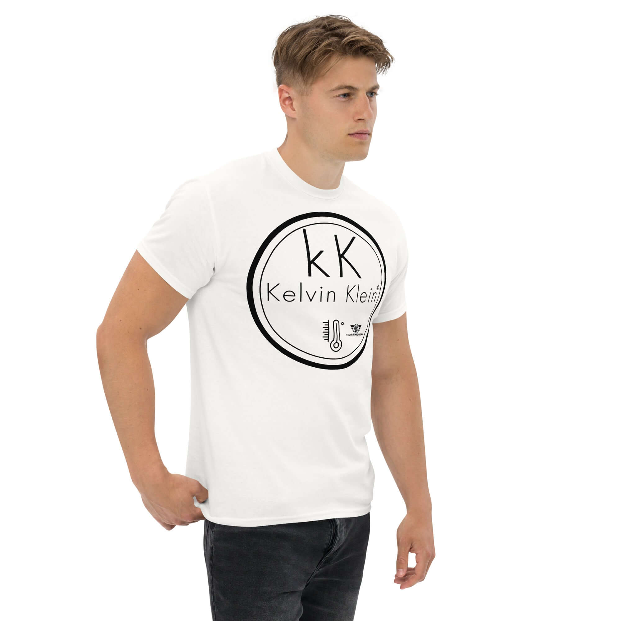 Man wearing Kelvin Klein Temperature Scale T-Shirt, featuring thermometer icon and monogram. Perfect for scientific humor fashion.