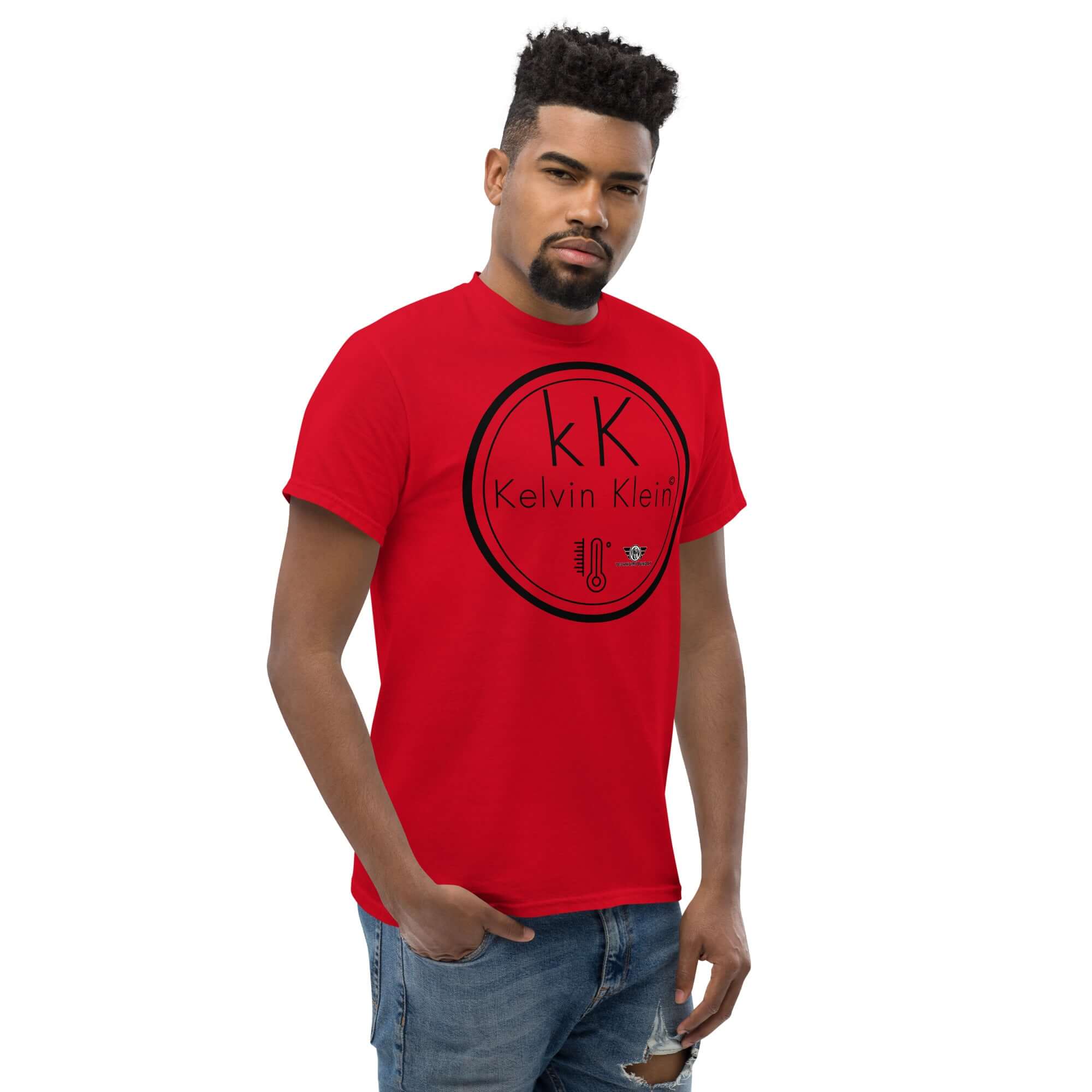 Red Kelvin Klein Temperature Scale Fashion Parody T-Shirt featuring thermometer icon and scientific humor design.