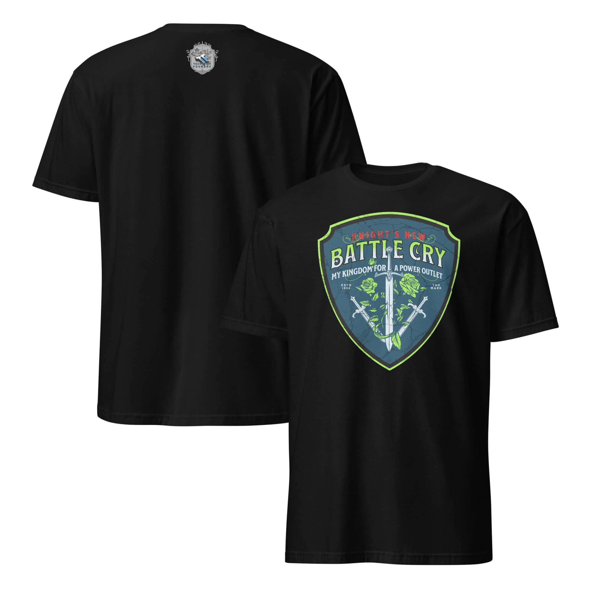 Alt Tag: Knight's New Battle Cry T-Shirt featuring three crossed swords and roses, blending medieval chivalry with modern tech humor.