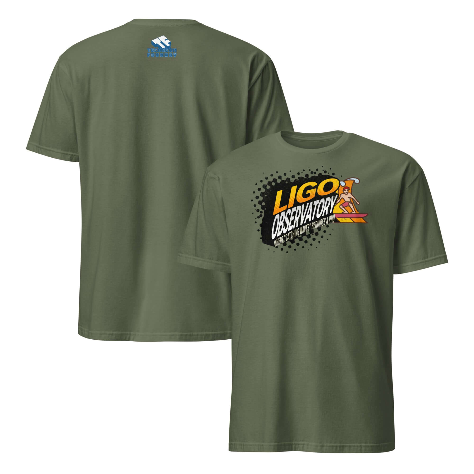 Green LIGO Observatory T-shirt featuring vibrant "Catching Waves" design highlighting scientific exploration in space-time