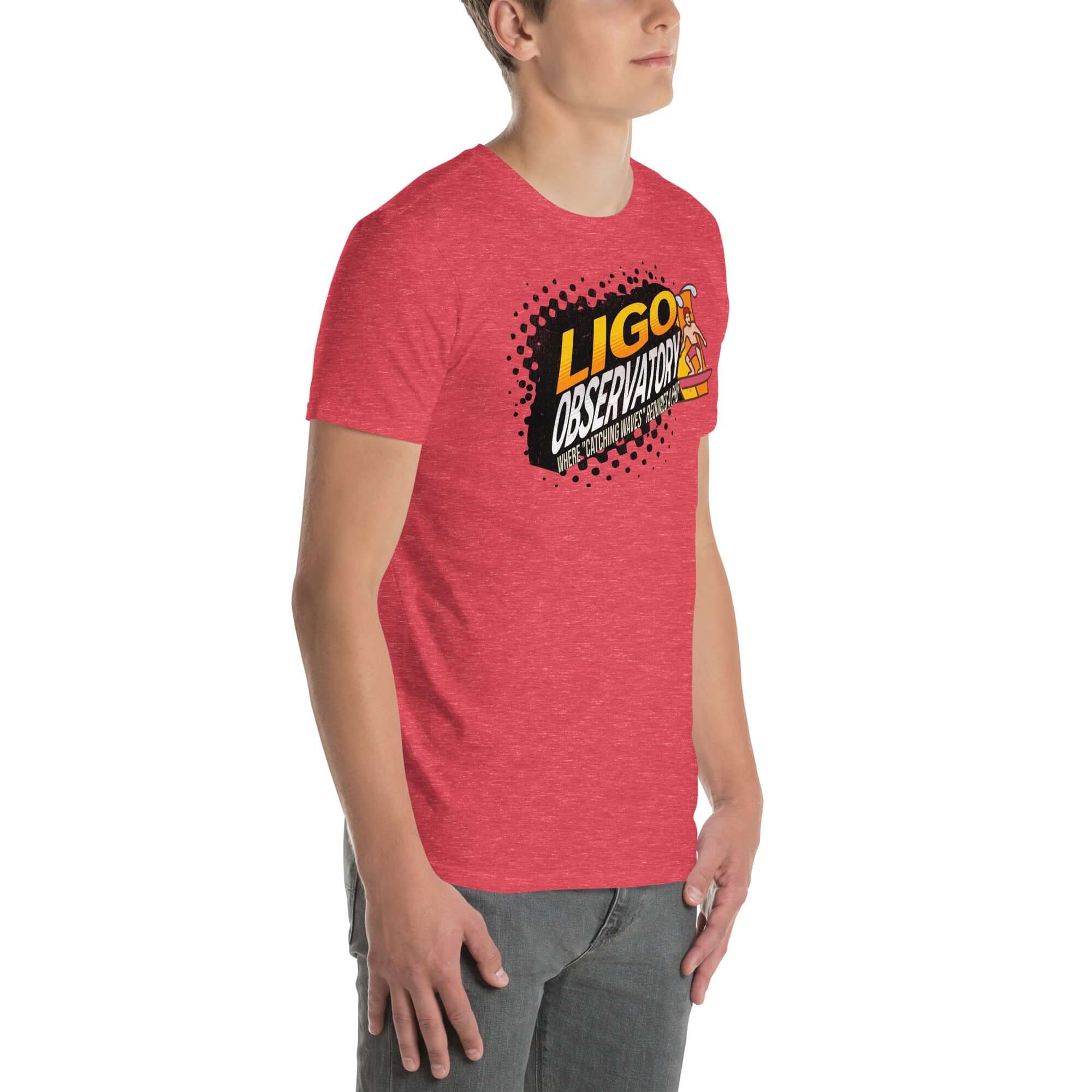 Red LIGO Observatory T-Shirt with bold logo, ideal for science enthusiasts and cosmic wave hunters, in vibrant yellow and orange on charcoal.