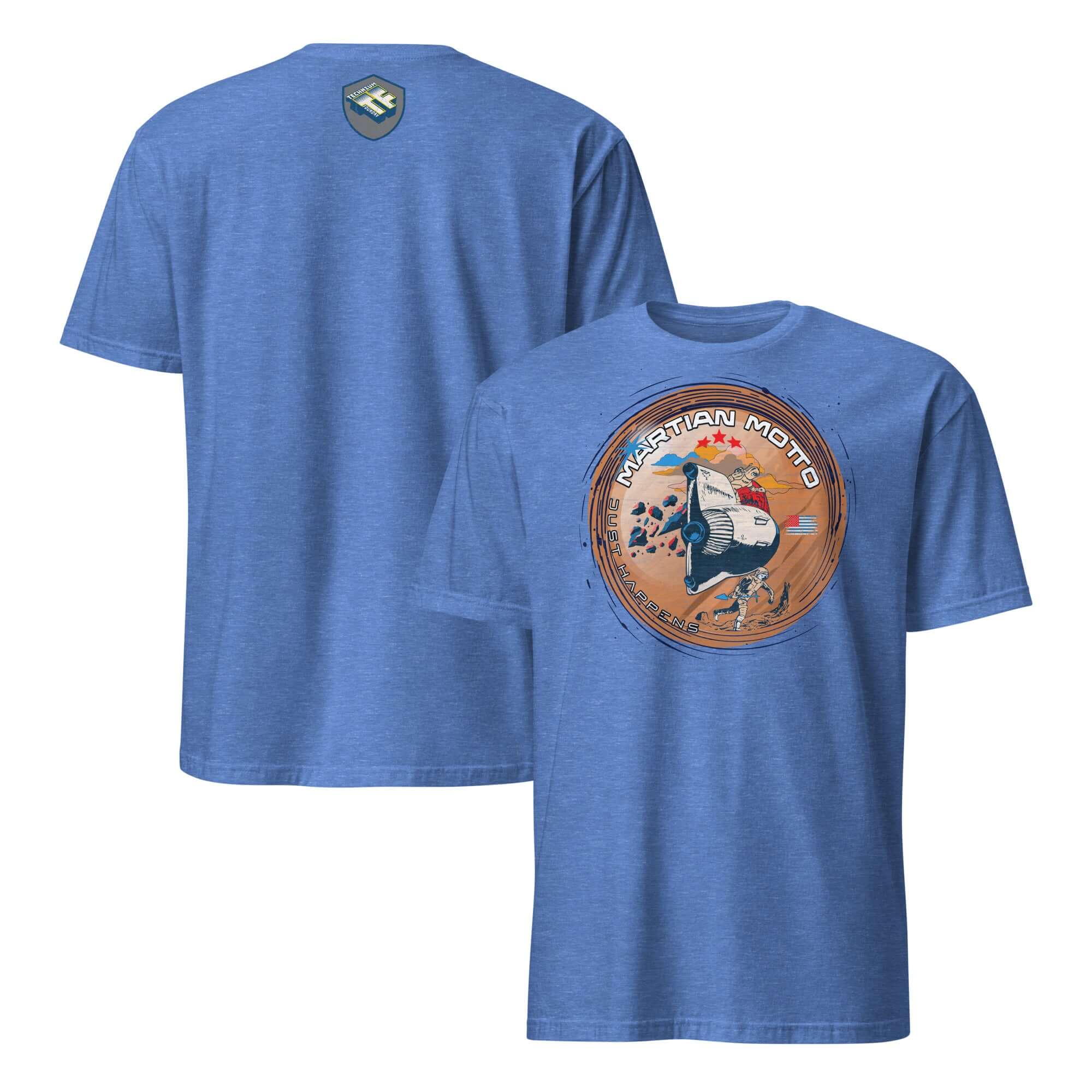 Martian Motto T-Shirt featuring vintage Mars mission patch with astronaut and red landscape design for space enthusiasts.