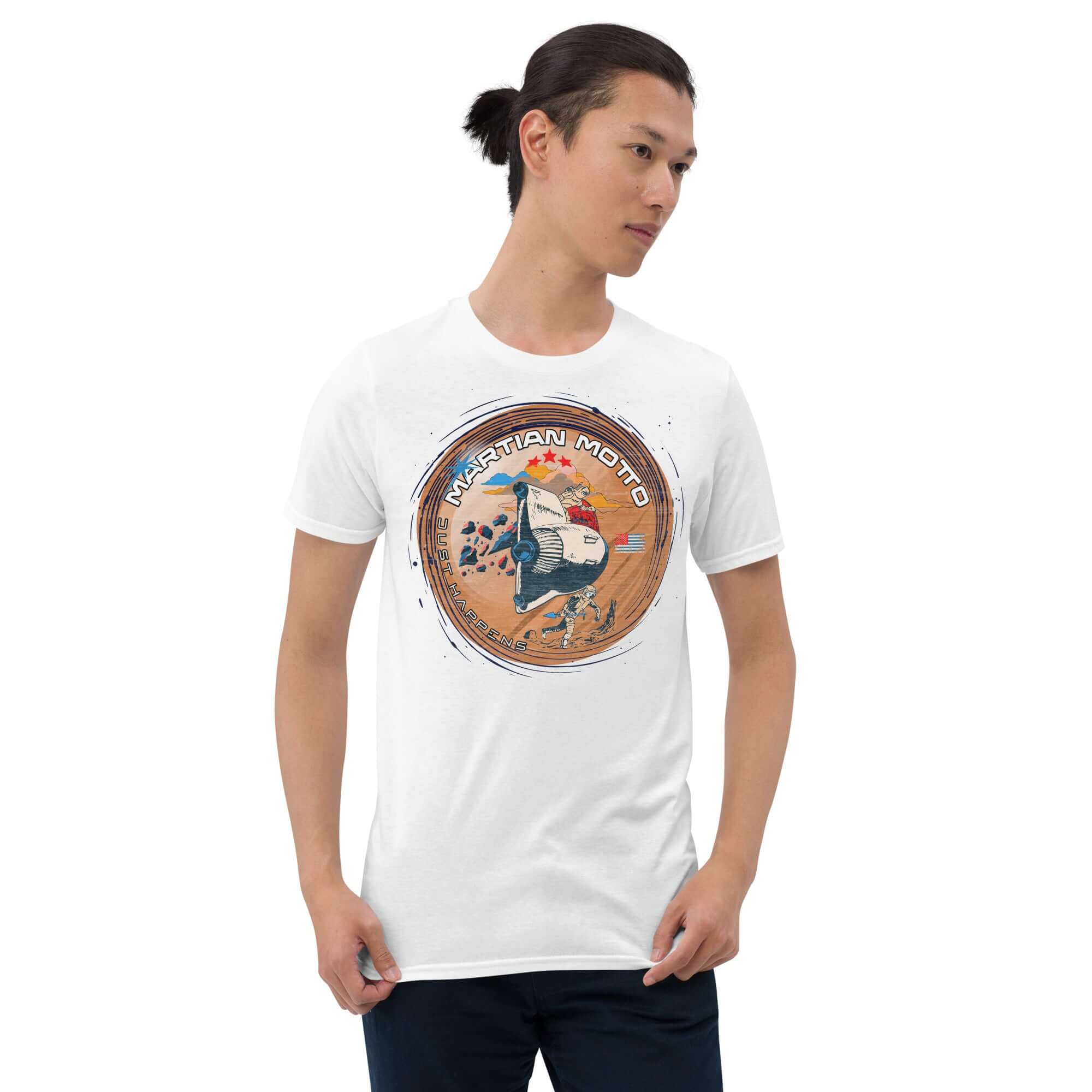 Martian Motto T-Shirt featuring a Mars mission patch design with an astronaut on a red planet landscape, perfect for space exploration fans.