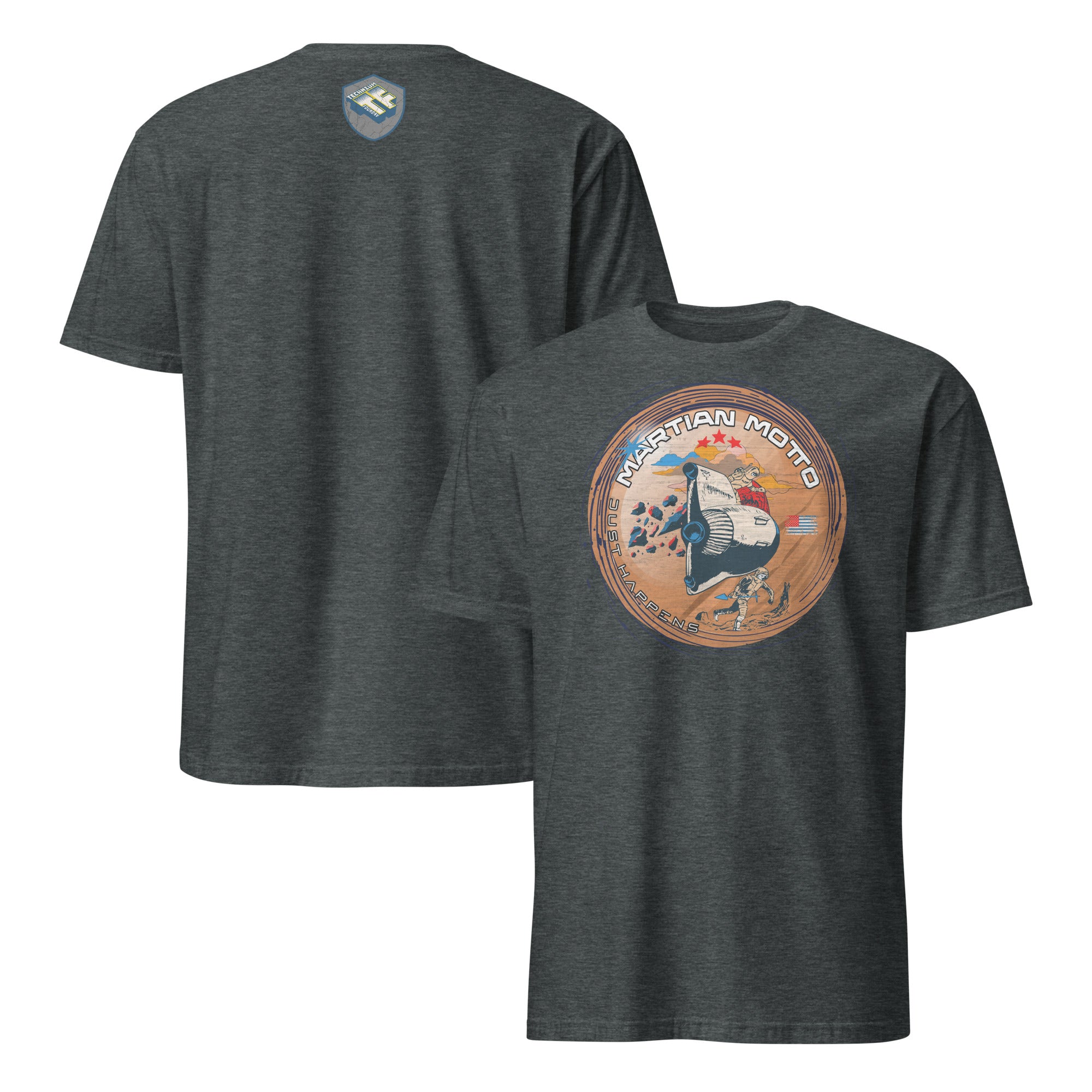 Martian Motto T-Shirt featuring a vintage Mars mission patch with astronaut, landing module, and red landscape for space enthusiasts.