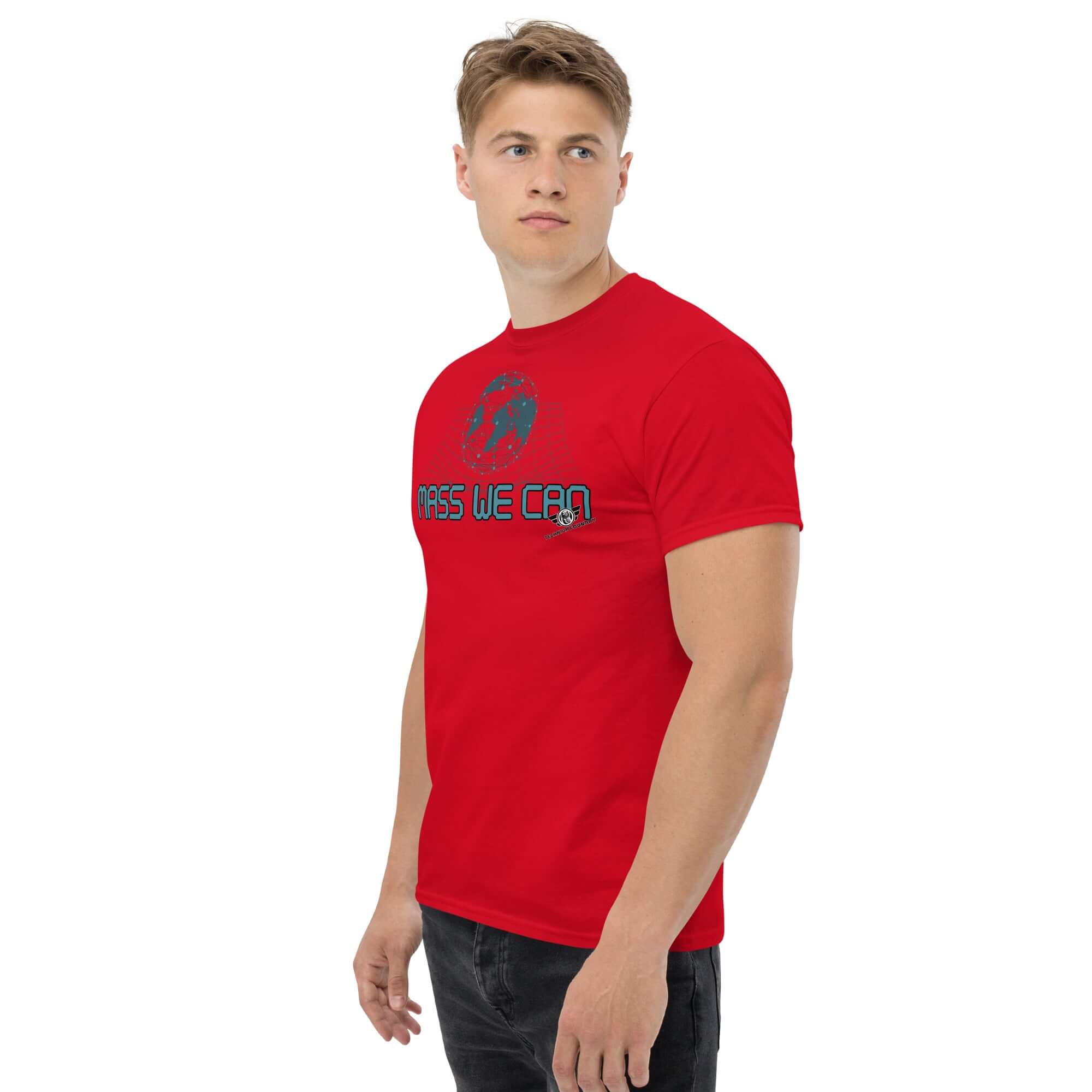 Red "Mass We Can" t-shirt with space-time curvature design, inspired by Einstein's general relativity theory. Perfect physics humor tee.