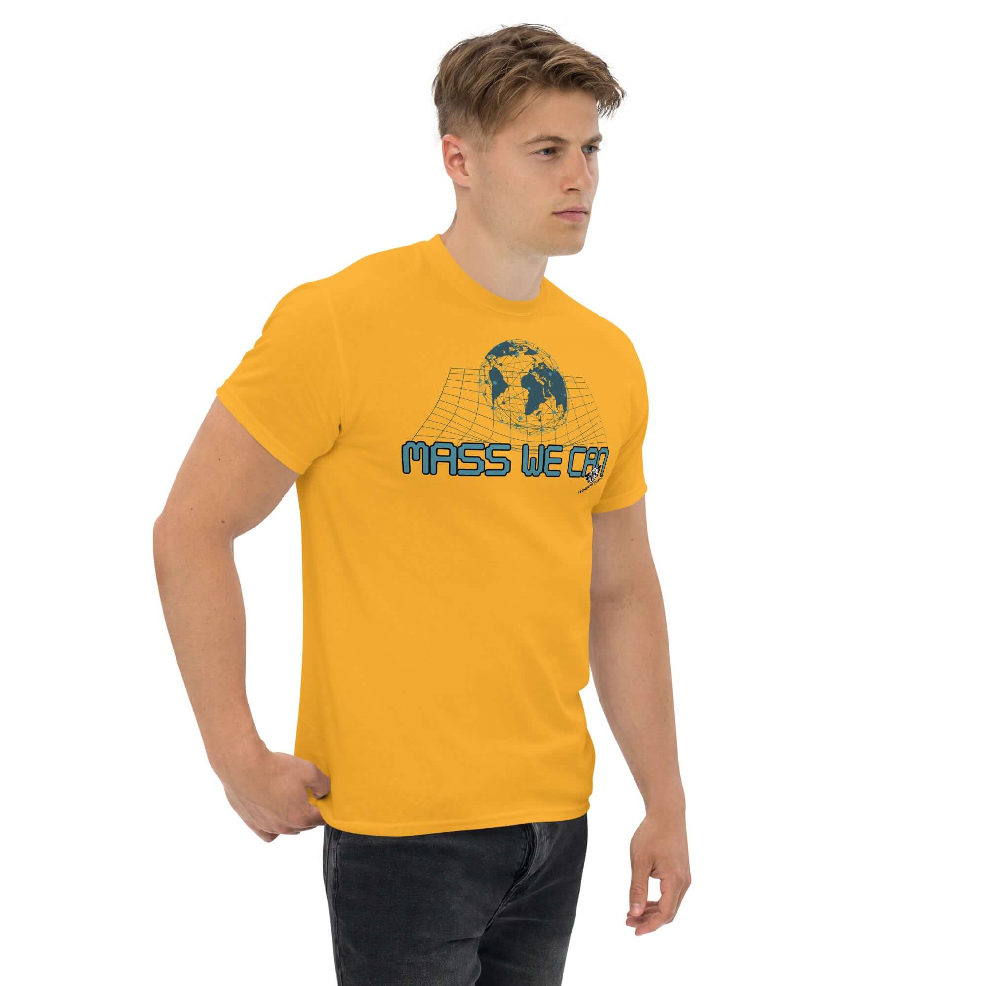 Yellow "Mass We Can" T-shirt featuring space-time curvature design, inspired by Einstein's general relativity and gravitational humor.