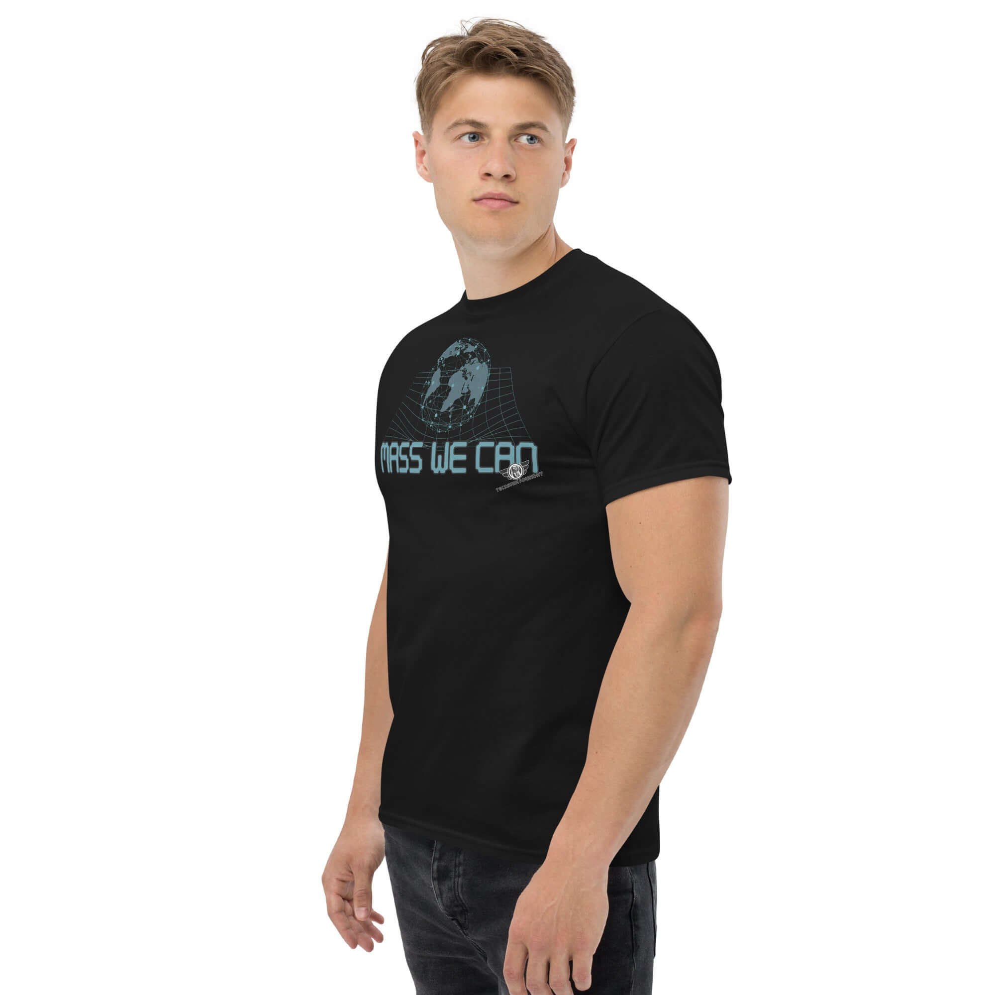 Alt Tag: Black "Mass We Can" T-shirt featuring space-time curvature and gravitational relativity humor design, worn by a male model.