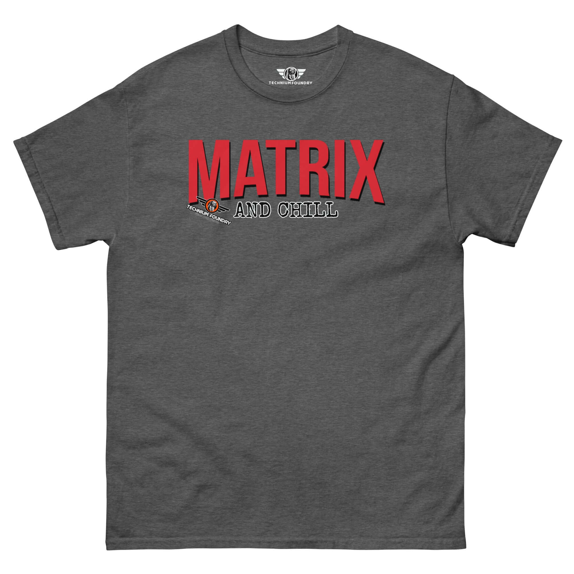 Matrix and Chill Mathematics Parody T-Shirt with bold red text on gray. Perfect for math enthusiasts and casual wear.
