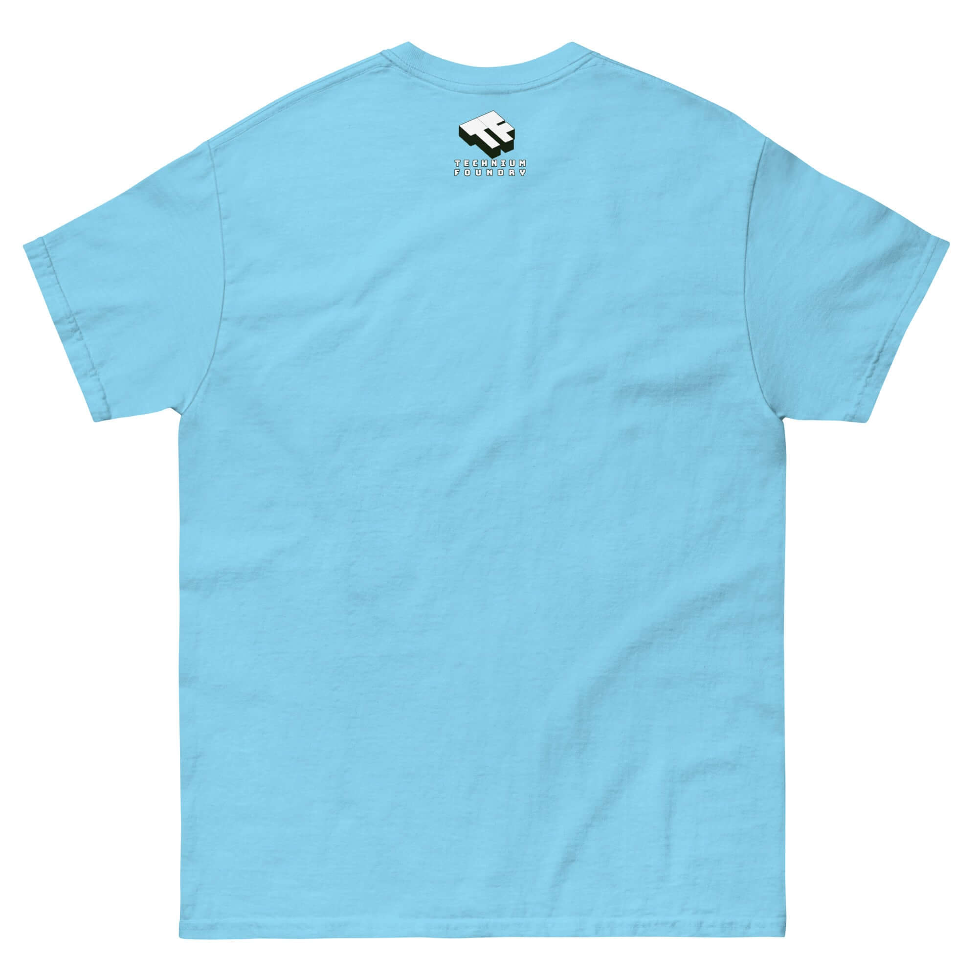 Blue "May The F=MA Be With You" T-Shirt back view featuring a small logo, blending physics and sci-fi for science fans.