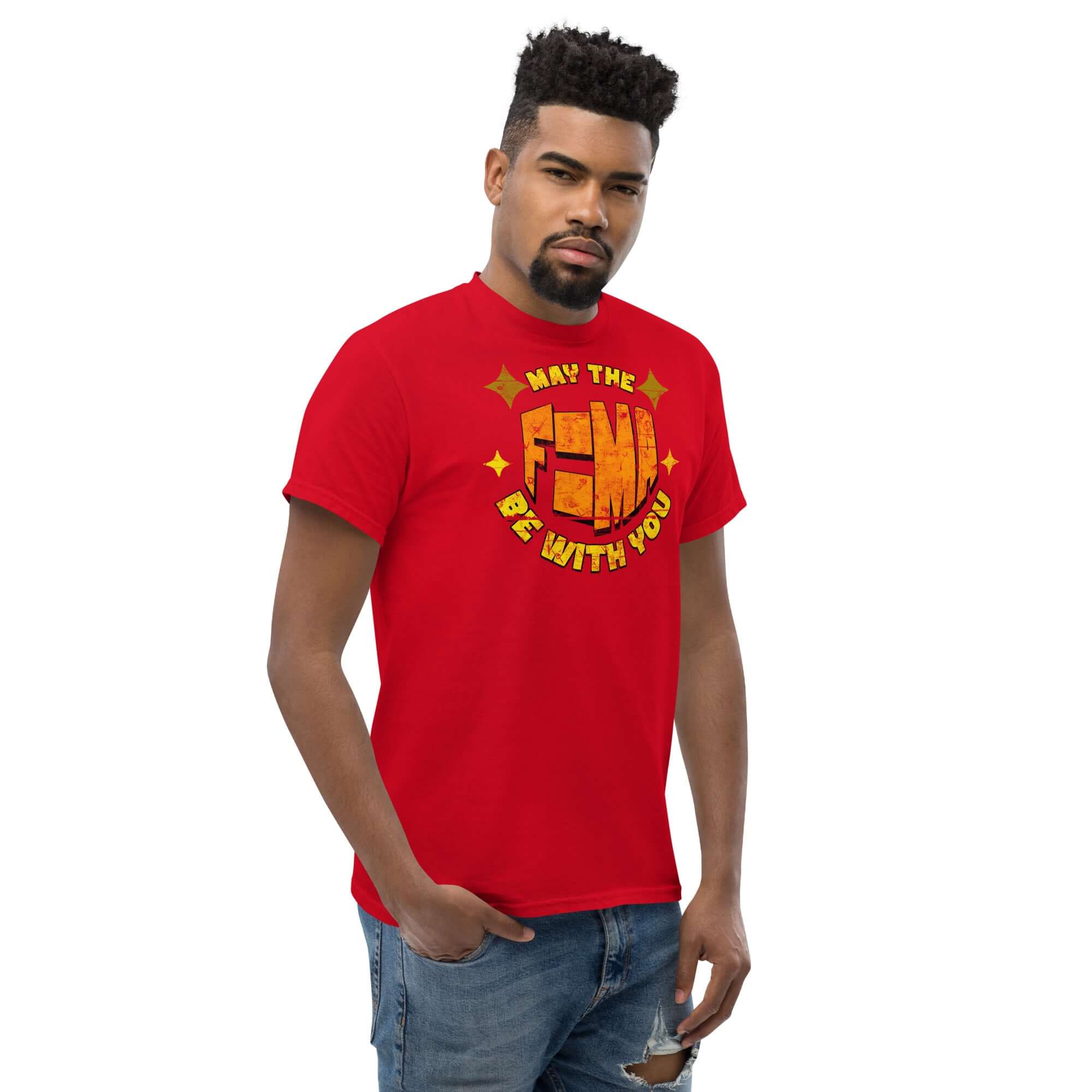 Red t-shirt with 'May The F=MA Be With You' design, blending physics and sci-fi themes.