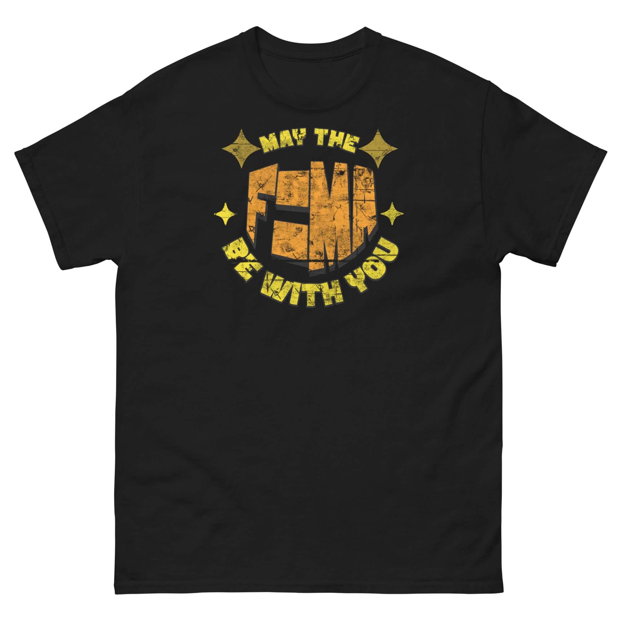 Black t-shirt featuring 'May The F=MA Be With You' graphic, blending physics and sci-fi elements with Newton's law.