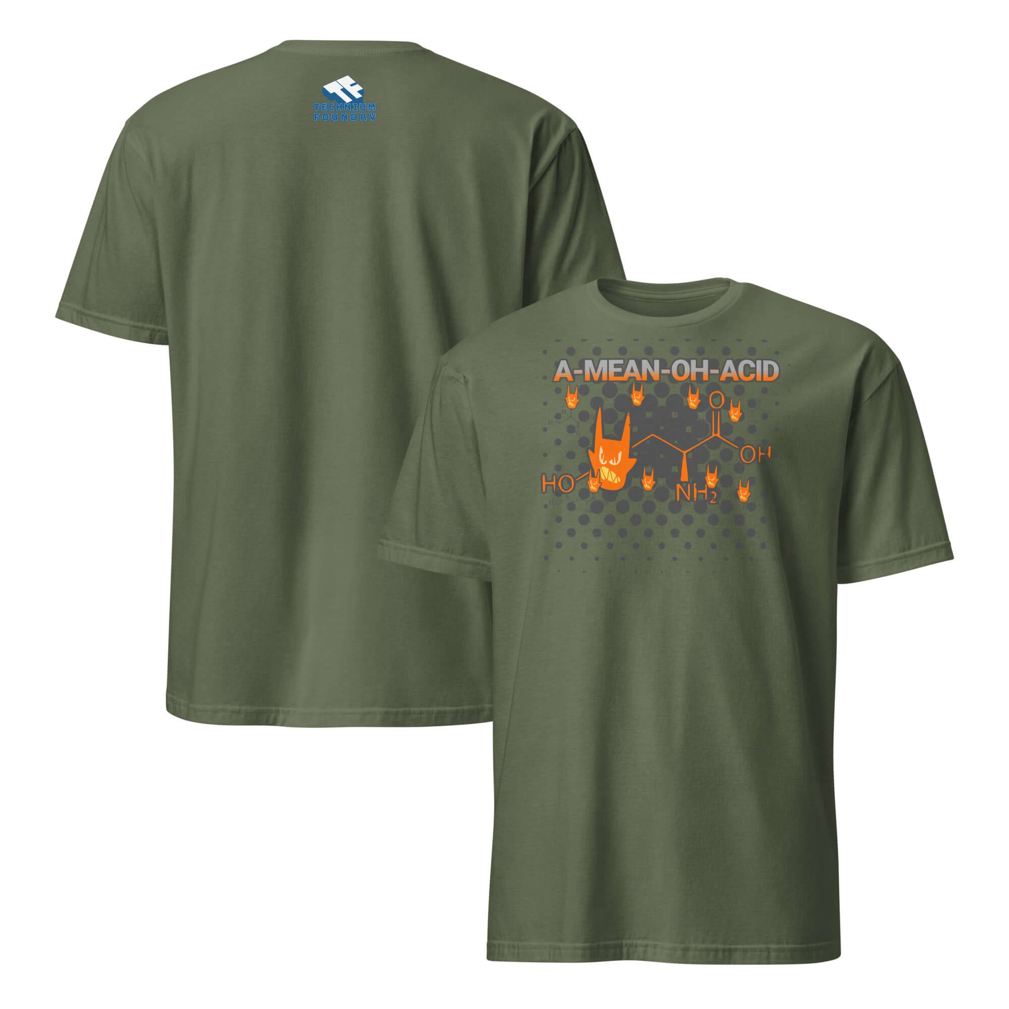 Alt Tag: Green "A Mean Oh Acid" t-shirt featuring rock 'n' roll-themed amino acid humor design with molecular structure and devil horns.