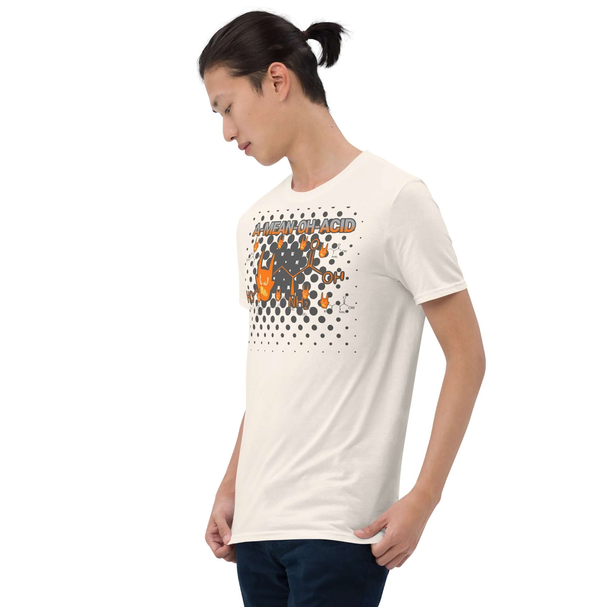 "A Mean Oh Acid" t-shirt featuring rock 'n' roll amino acid chemistry humor worn by a model, showcasing biochemical and musical fusion.