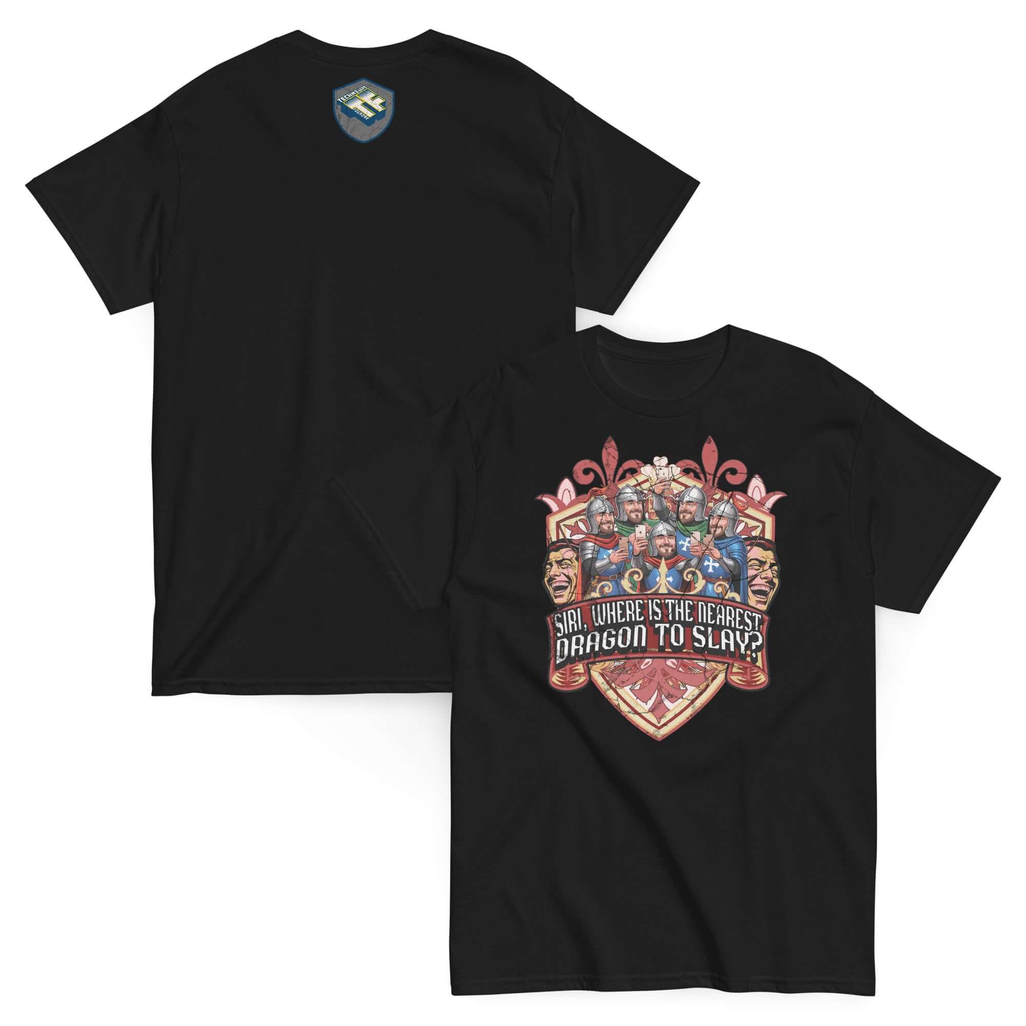Medieval iPhone T-shirt with knights and text 'SIRI, WHERE IS THE NEAREST DRAGON TO SLAY?' on a heraldic shield graphic.