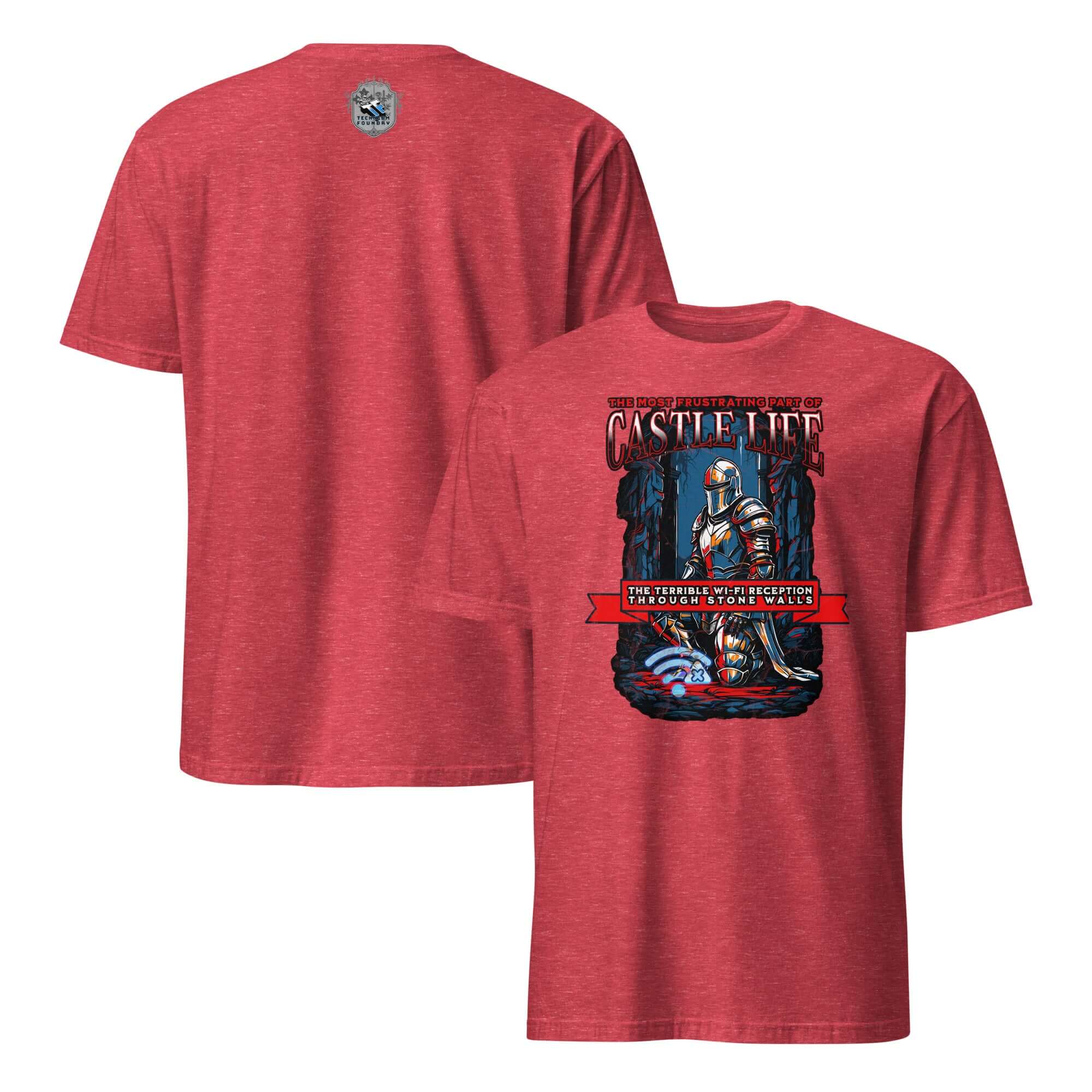 Red t-shirt featuring knight and humorous text about poor Wi-Fi in castles. Perfect for fans of medieval humor and gaming jokes.