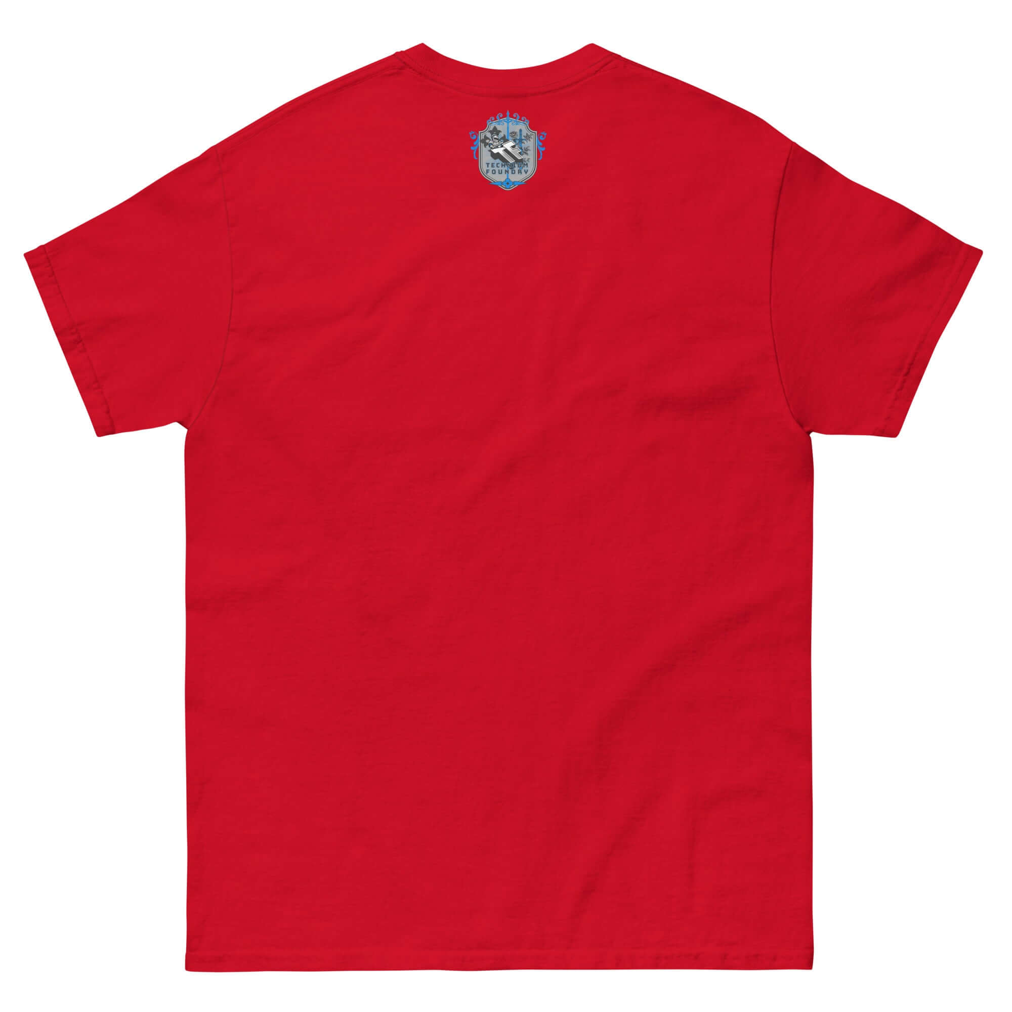 Back view of Modern Dating Satire T-Shirt in red, featuring unique relationship comedy design on black cotton canvas.